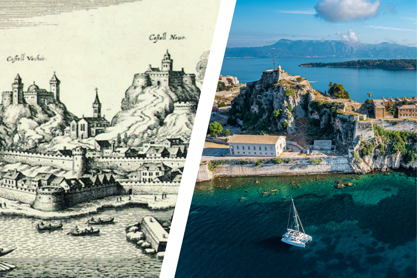 Left: Corfu's 2 peaks, depicted in 1600 | Right: Modern-day Corfu