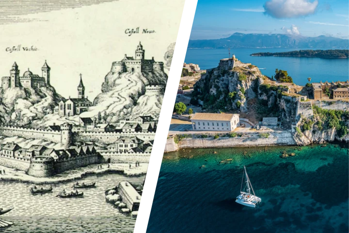 Left: Corfu's 2 peaks, depicted in 1600 | Right: Modern-day Corfu