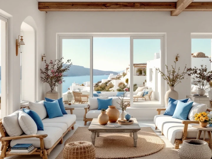 Mediterranean villa living room with white walls, blue accent pillows, Greek pottery, and sea view through windows