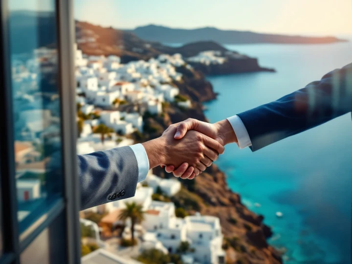 Professional handshake in modern office overlooking Greek coastal town with white buildings and turquoise Mediterranean waters