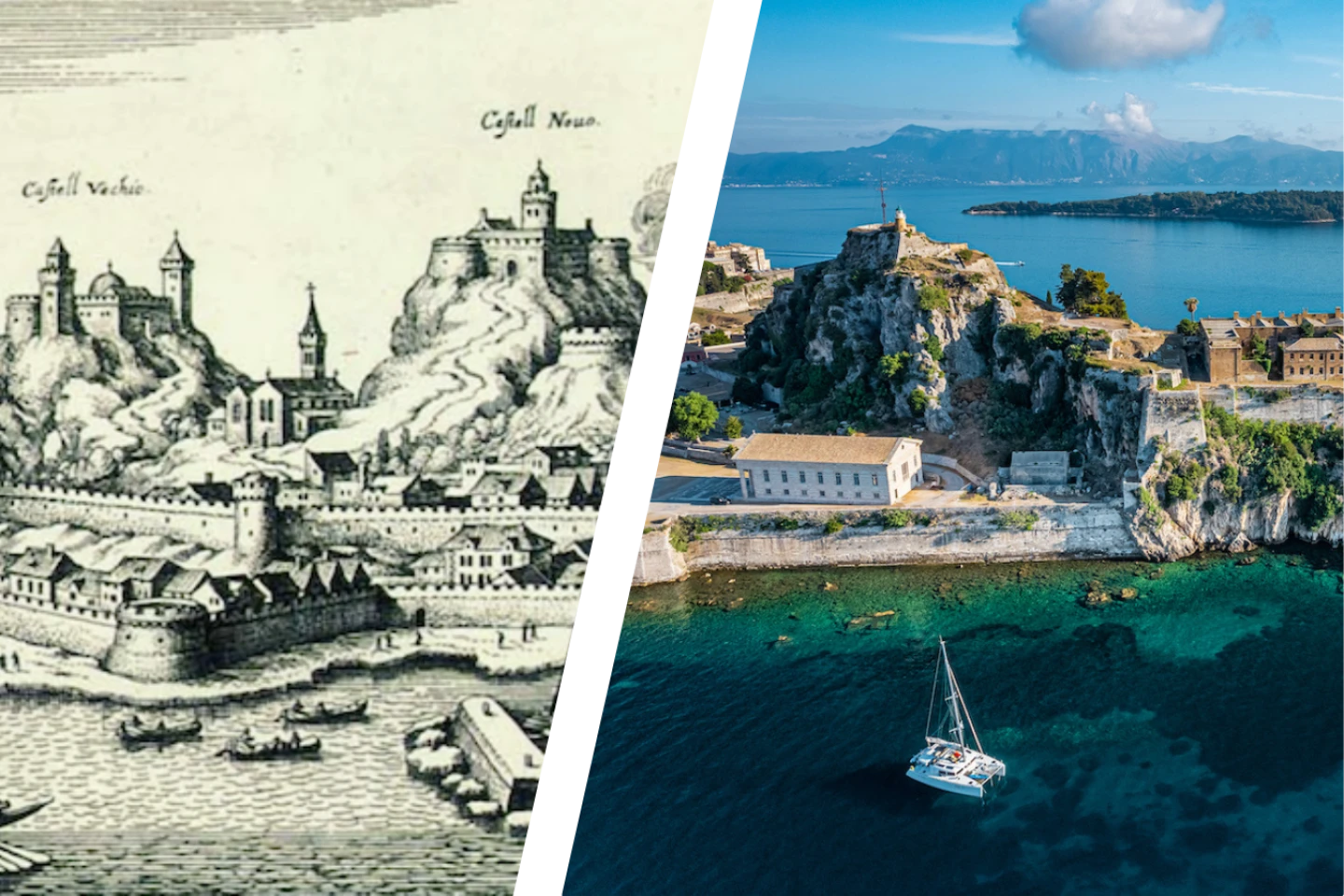 Left: Corfu's 2 peaks, depicted in 1600 | Right: Modern-day Corfu