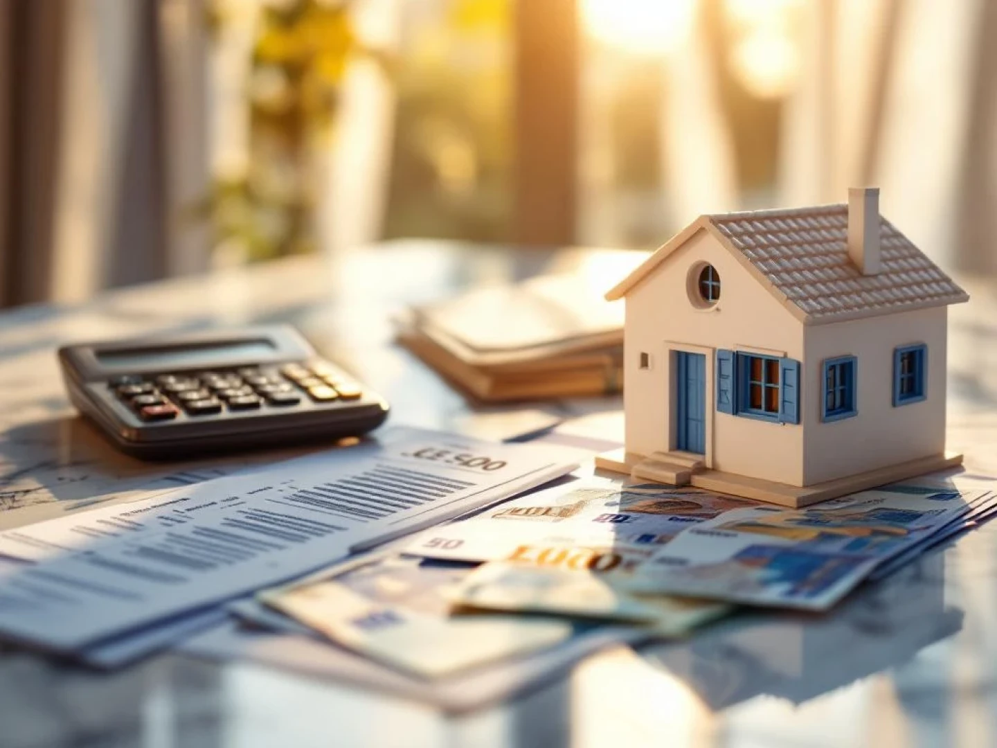 White Greek house model with blue shutters on marble surface surrounded by Euro banknotes and property documents in sunlight
