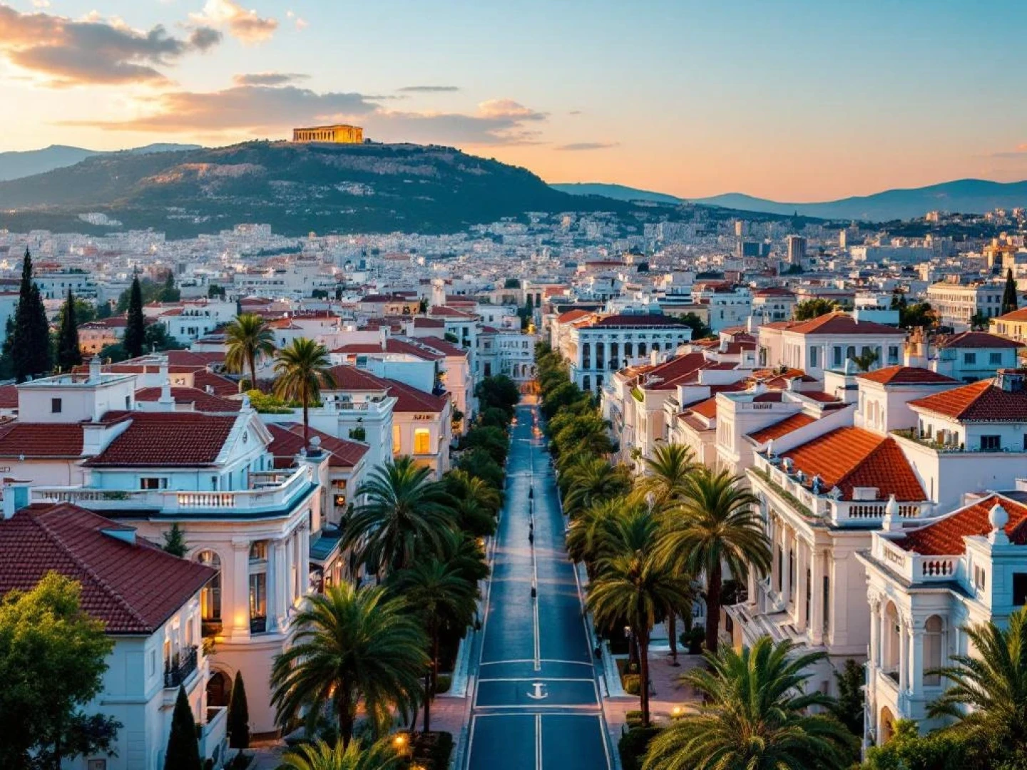 Aerial view of Kolonaki neighborhood Athens showing neoclassical mansions, luxury penthouses, Mount Lycabettus and Acropolis