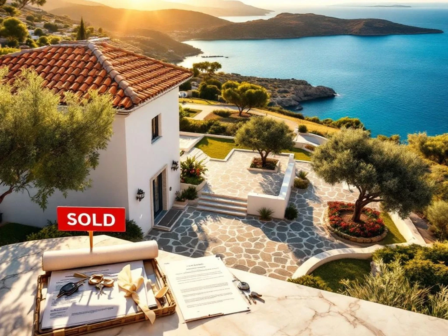 Greek villa with red SOLD sign overlooking Aegean Sea, house keys and documents in foreground, Mediterranean coastline