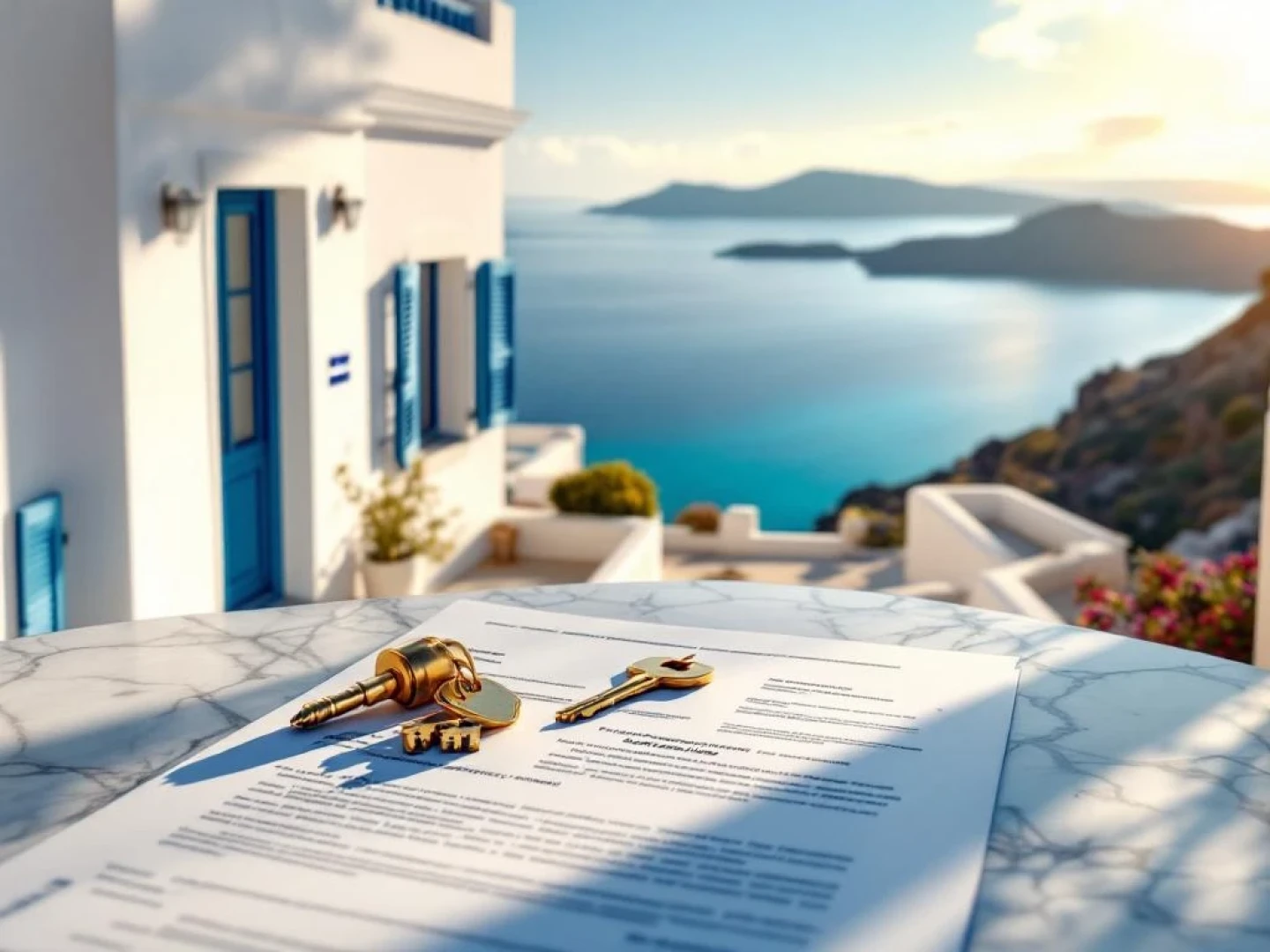 Greek villa with white walls and blue shutters overlooking Mediterranean sea, with property documents and golden keys on marble table