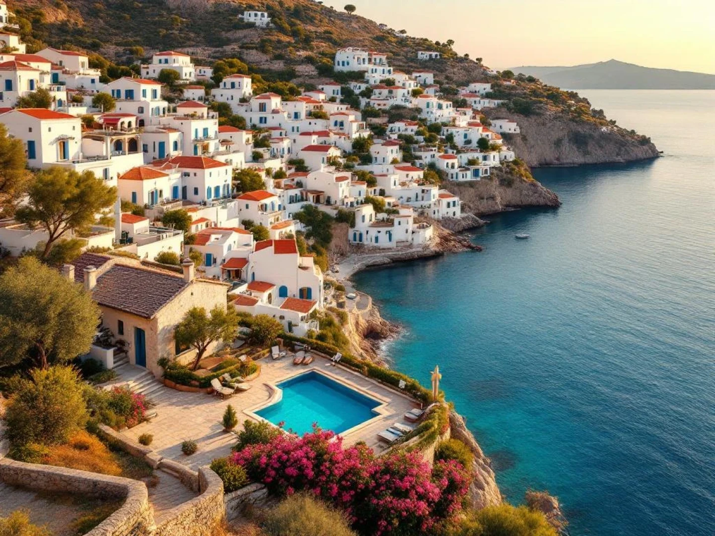 Aerial view of Greek coastal village with white-washed houses, stone villa with pool, and For Sale sign among bougainvillea