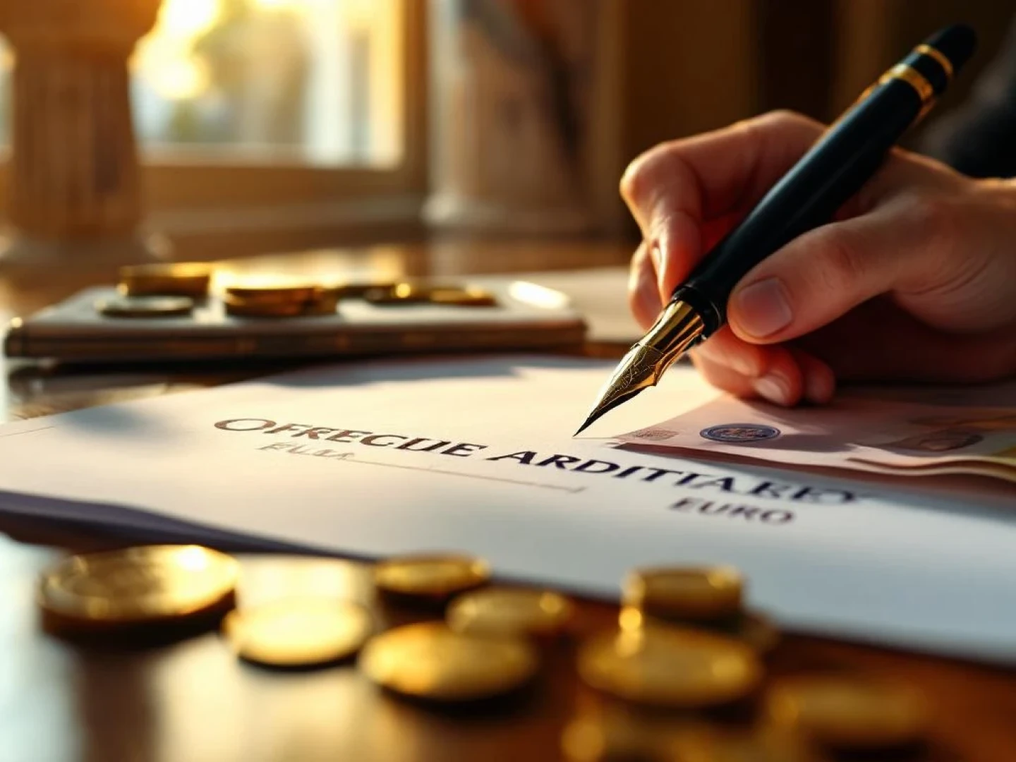 Fountain pen signing Greek legal documents on wooden desk with Euro banknotes and coins in golden afternoon light.