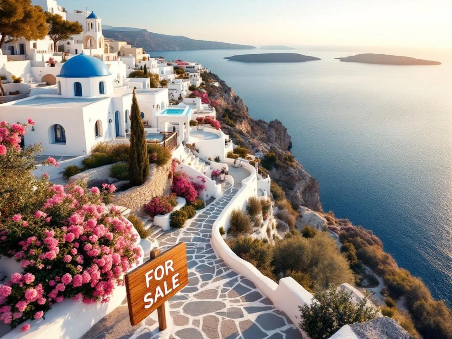 White Mediterranean villa with blue domes for sale on Greek clifftop overlooking turquoise Aegean Sea waters