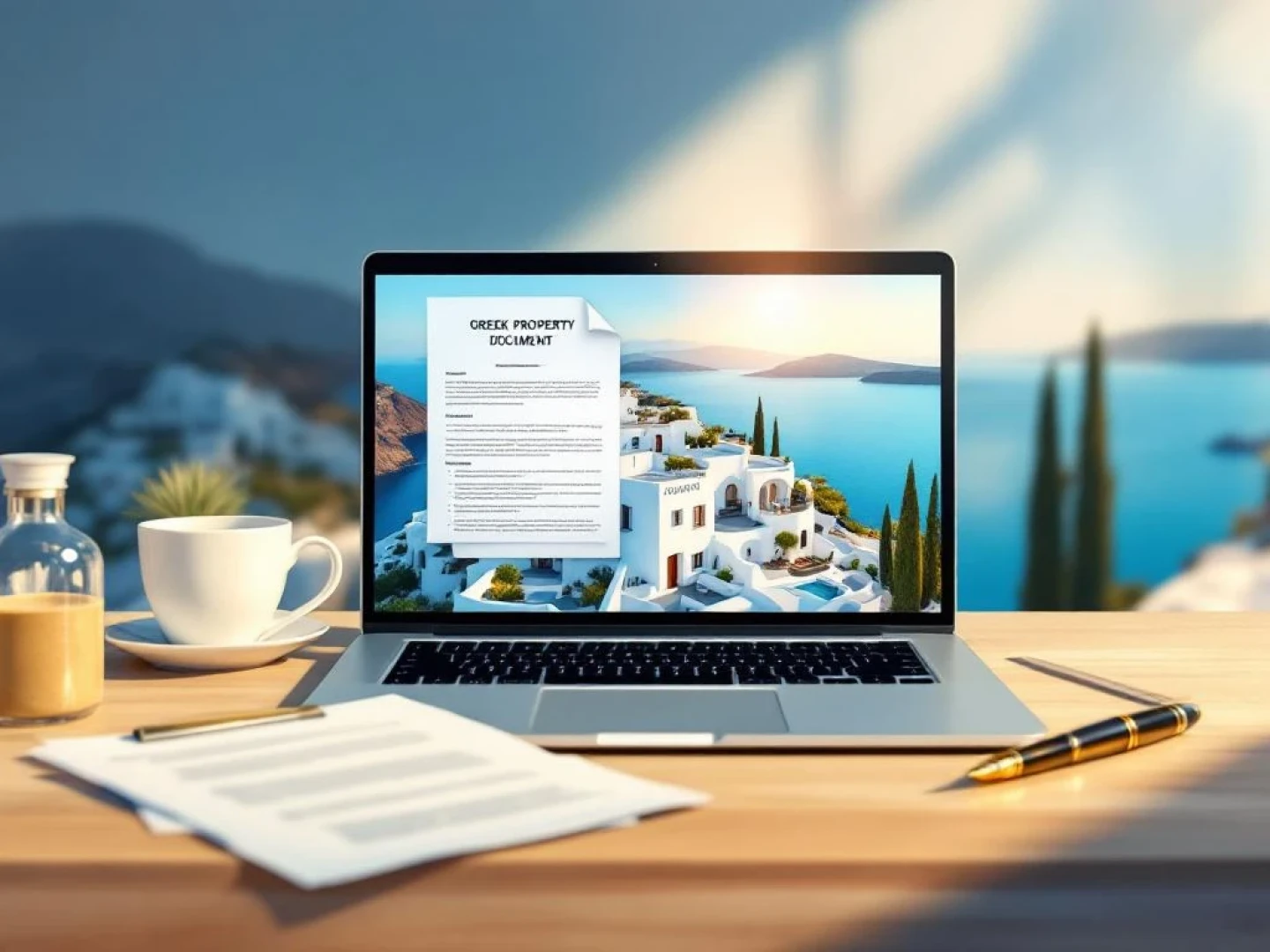 Modern laptop displaying Greek property documents next to whitewashed villa overlooking Aegean Sea with paperwork and pen