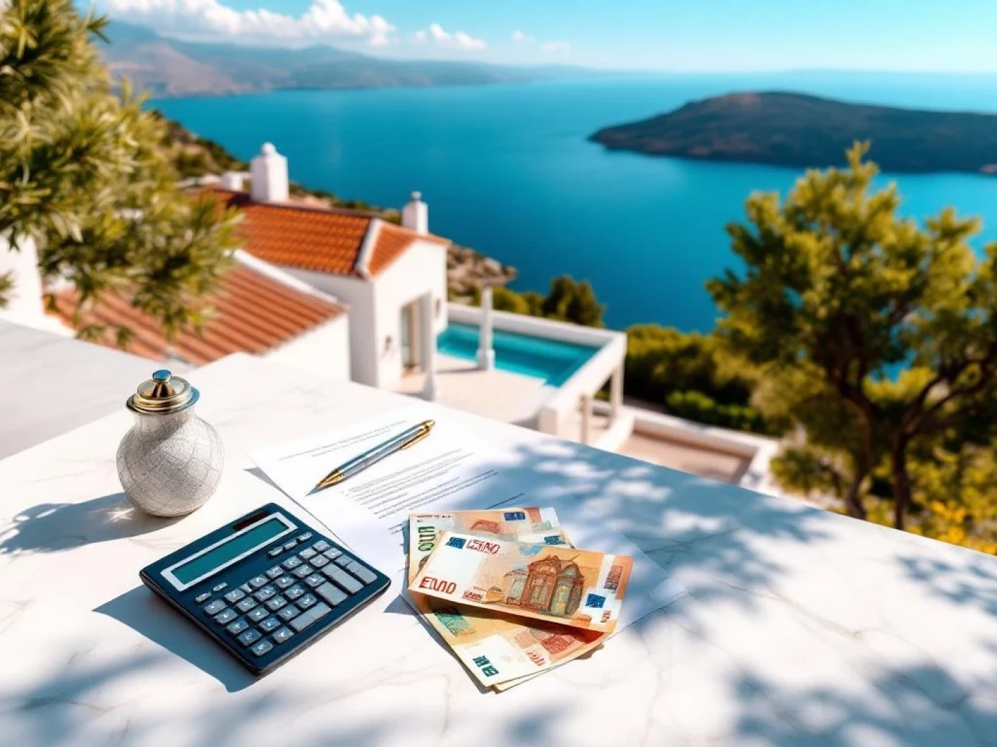 Calculator, Euro banknotes, and property documents on marble surface with Greek villa overlooking Aegean Sea