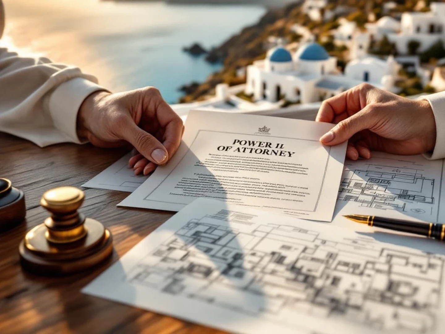 Hands holding Greek power of attorney document over villa blueprint with Mediterranean island property in background