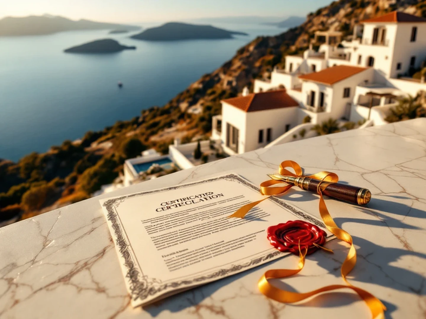 Luxury Mediterranean villa with terracotta roof on cliff overlooking Aegean Sea with legal documents and fountain pen