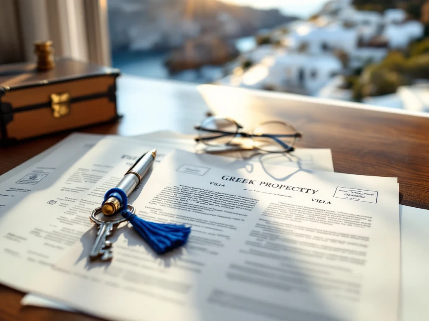 Wooden desk with Greek property documents, villa key with blue tassel, and fountain pen overlooking Mediterranean coastline