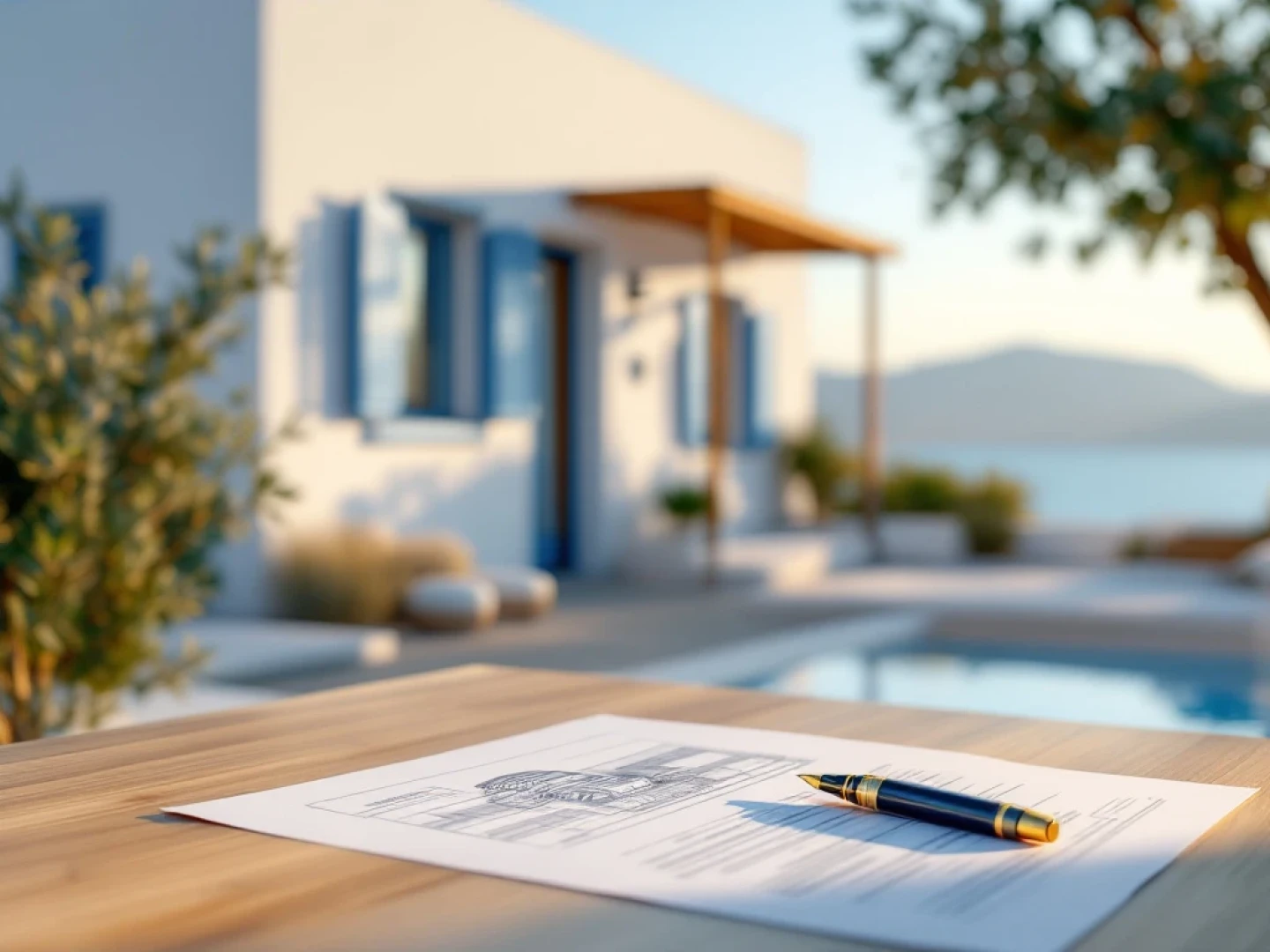 Modern Greek villa with white walls and blue shutters, wooden desk with real estate documents and blueprints in foreground