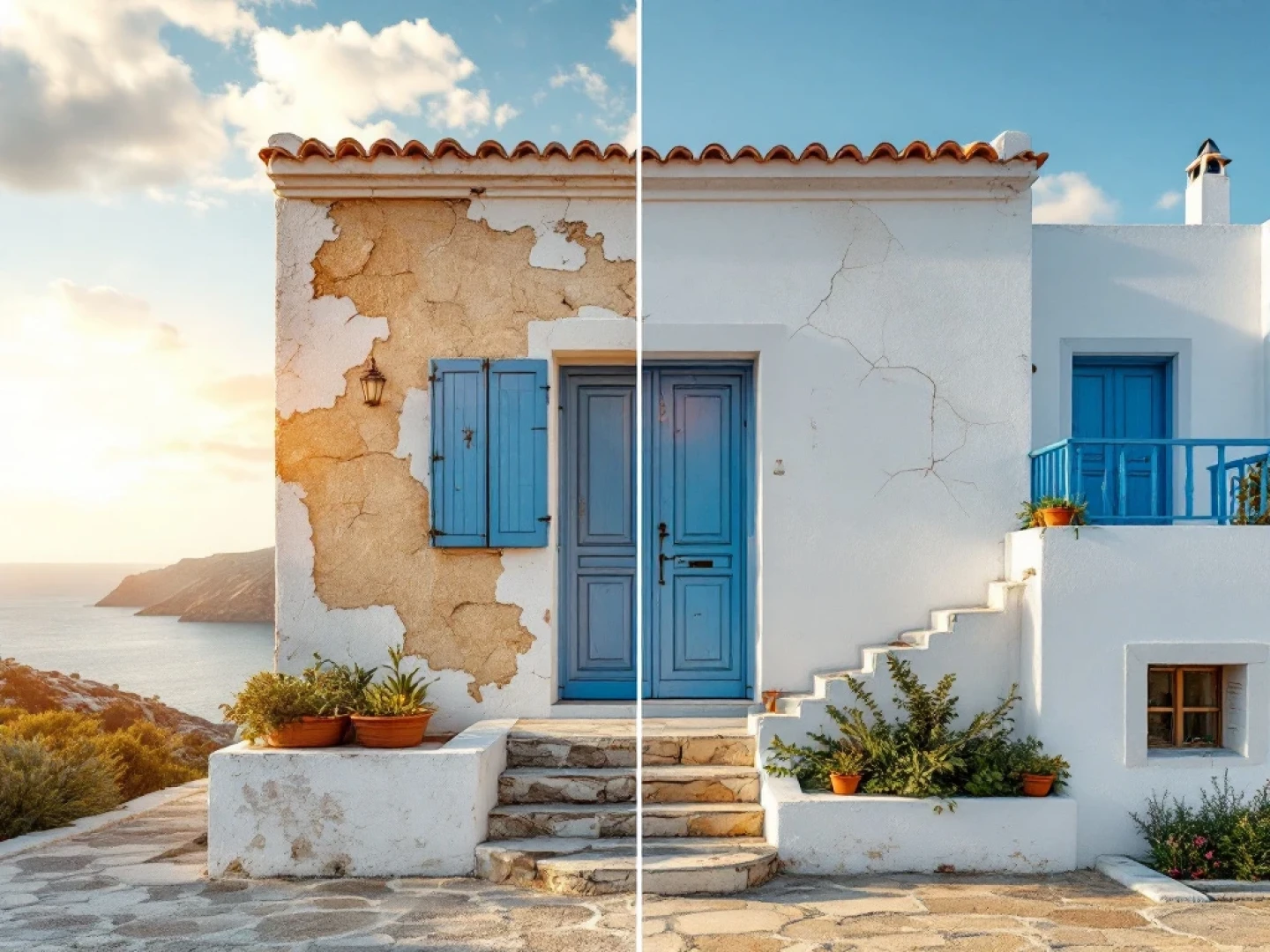 Greek stone house before and after renovation comparison showing weathered versus restored Mediterranean architecture with blue shutters