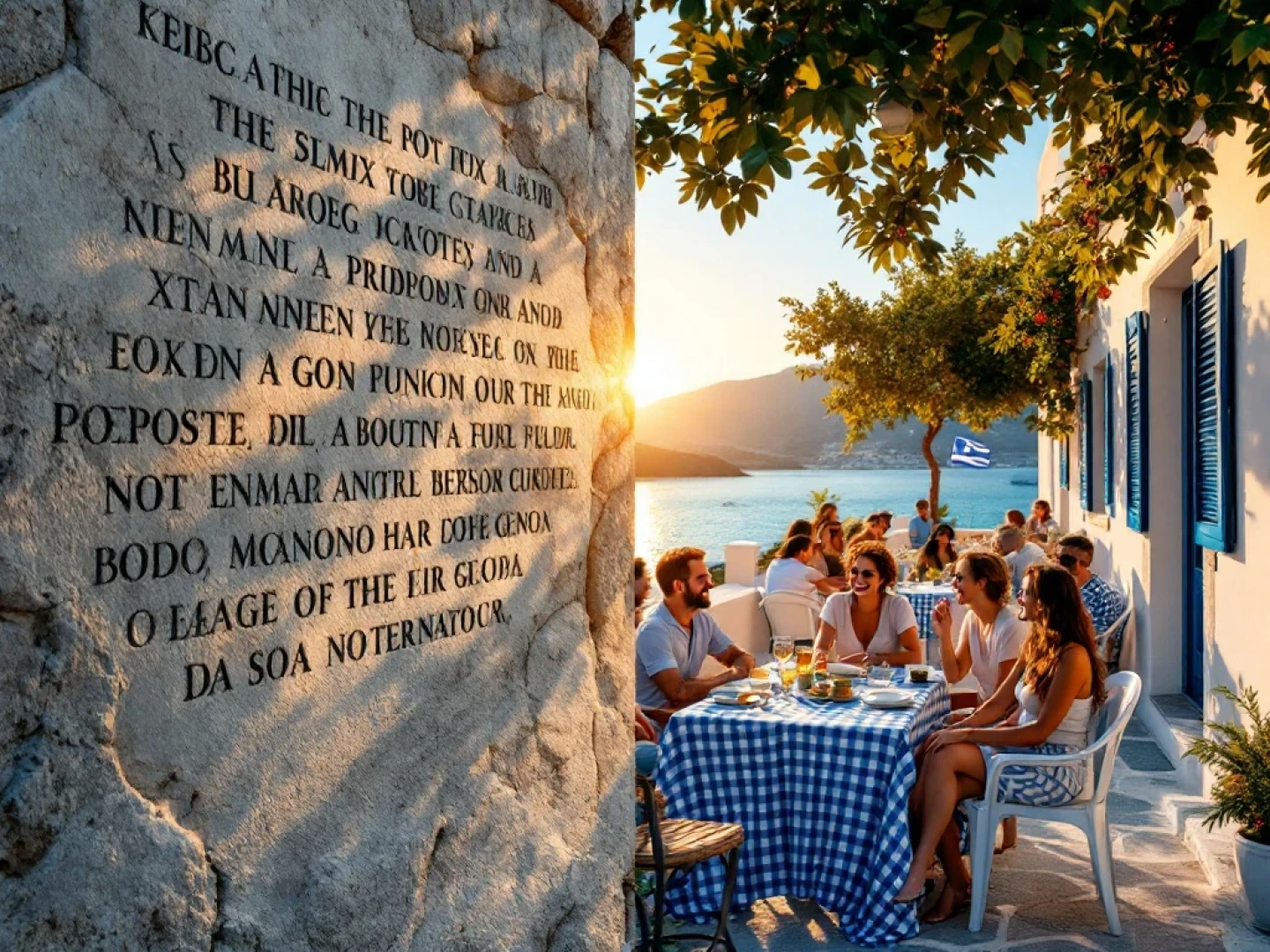 Split-screen showing ancient Greek stone carvings contrasted with tourists and locals dining together at Cretan taverna