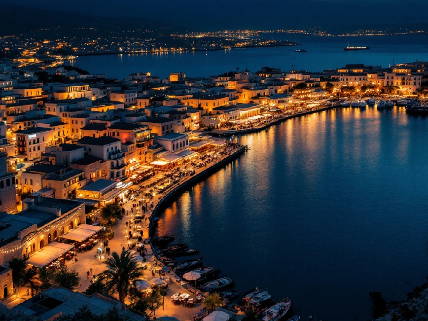Chania Venetian harbor at night with golden lights reflecting on water, illuminated restaurants and historic stone buildings