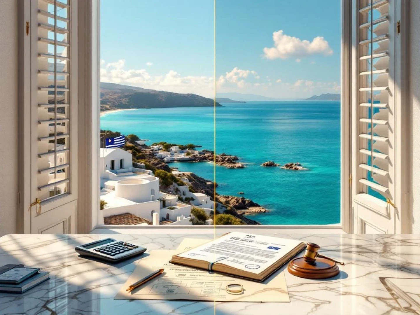 Aerial view of Greek coastal villa with property documents, calculator, and EU-Greece flags symbolizing international real estate transaction