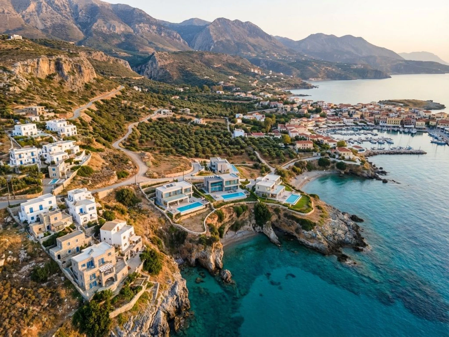 Aerial view of Crete coastline with whitewashed villages, luxury villas, harbor towns, beaches and investment properties