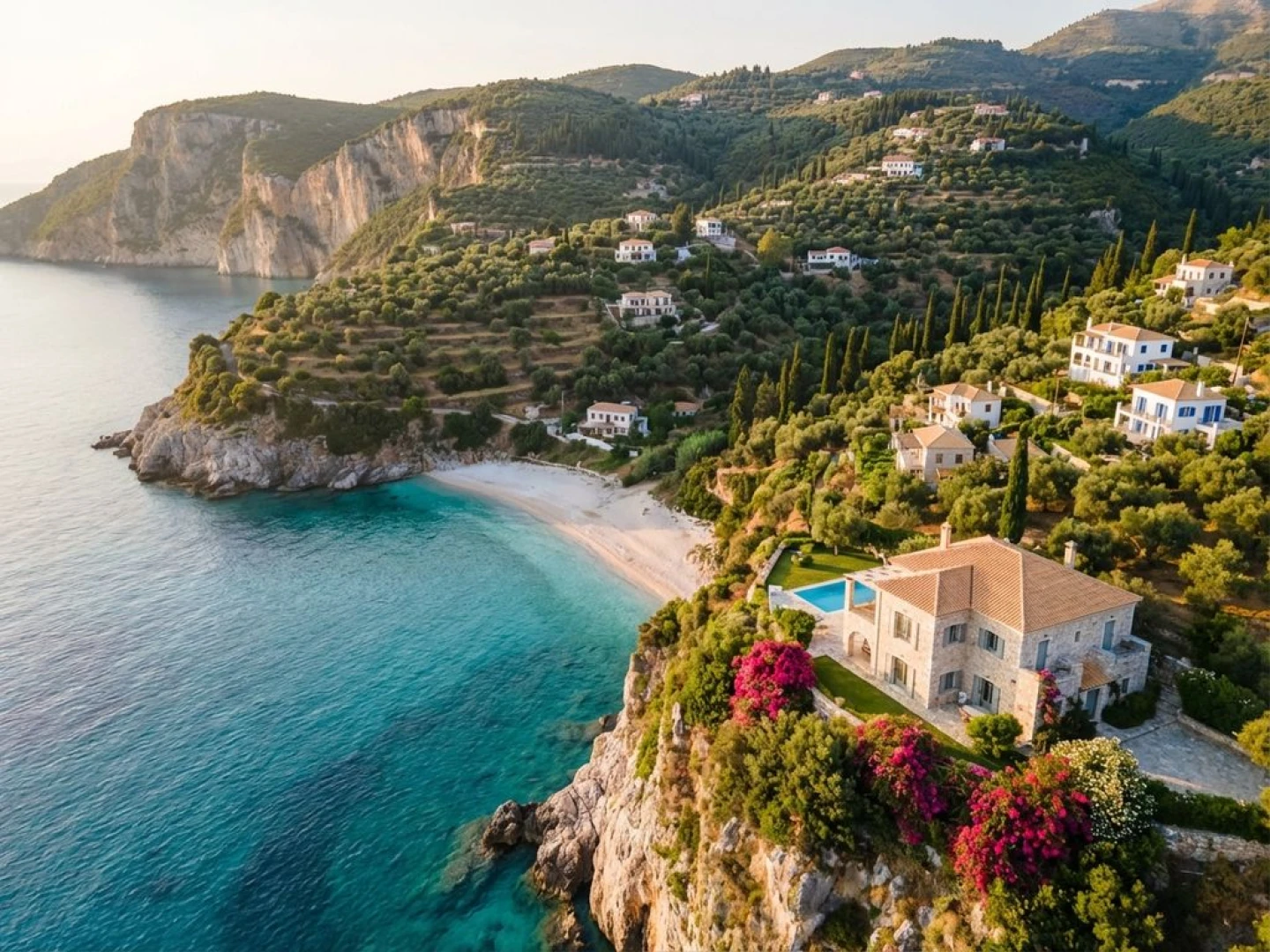 Aerial view of Peloponnese peninsula with stone villa on cliff, turquoise Mediterranean waters, olive groves and Greek coastline