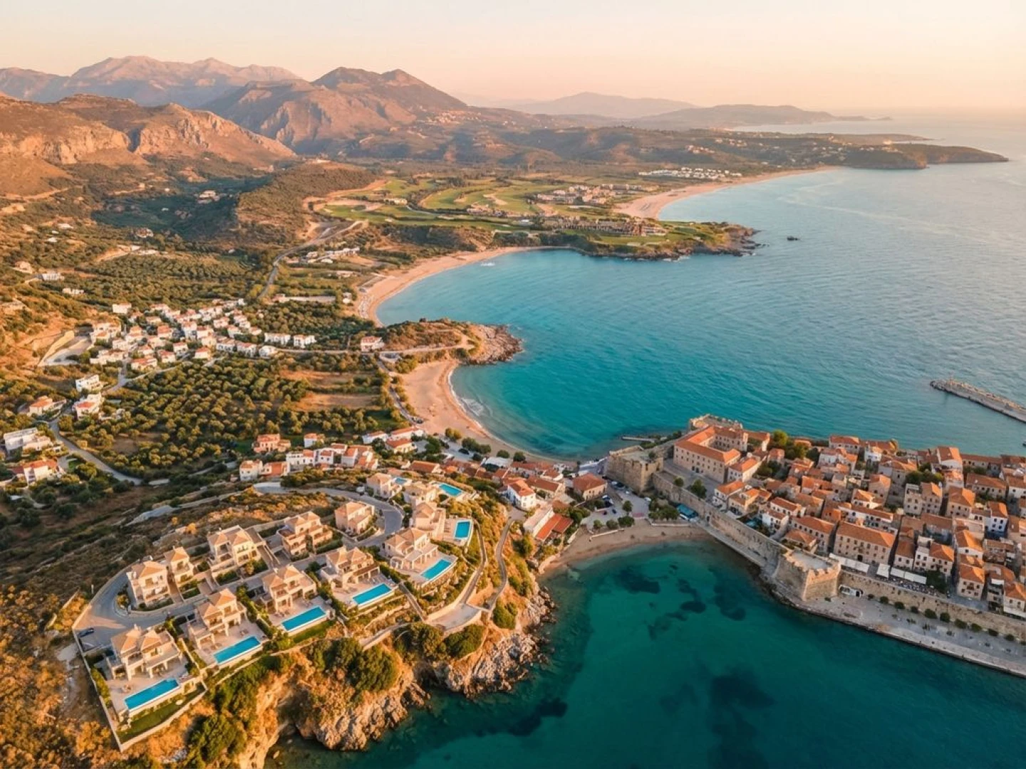 Aerial view of Peloponnese peninsula showing turquoise waters, golden beaches, white villages, and luxury villas in Greece