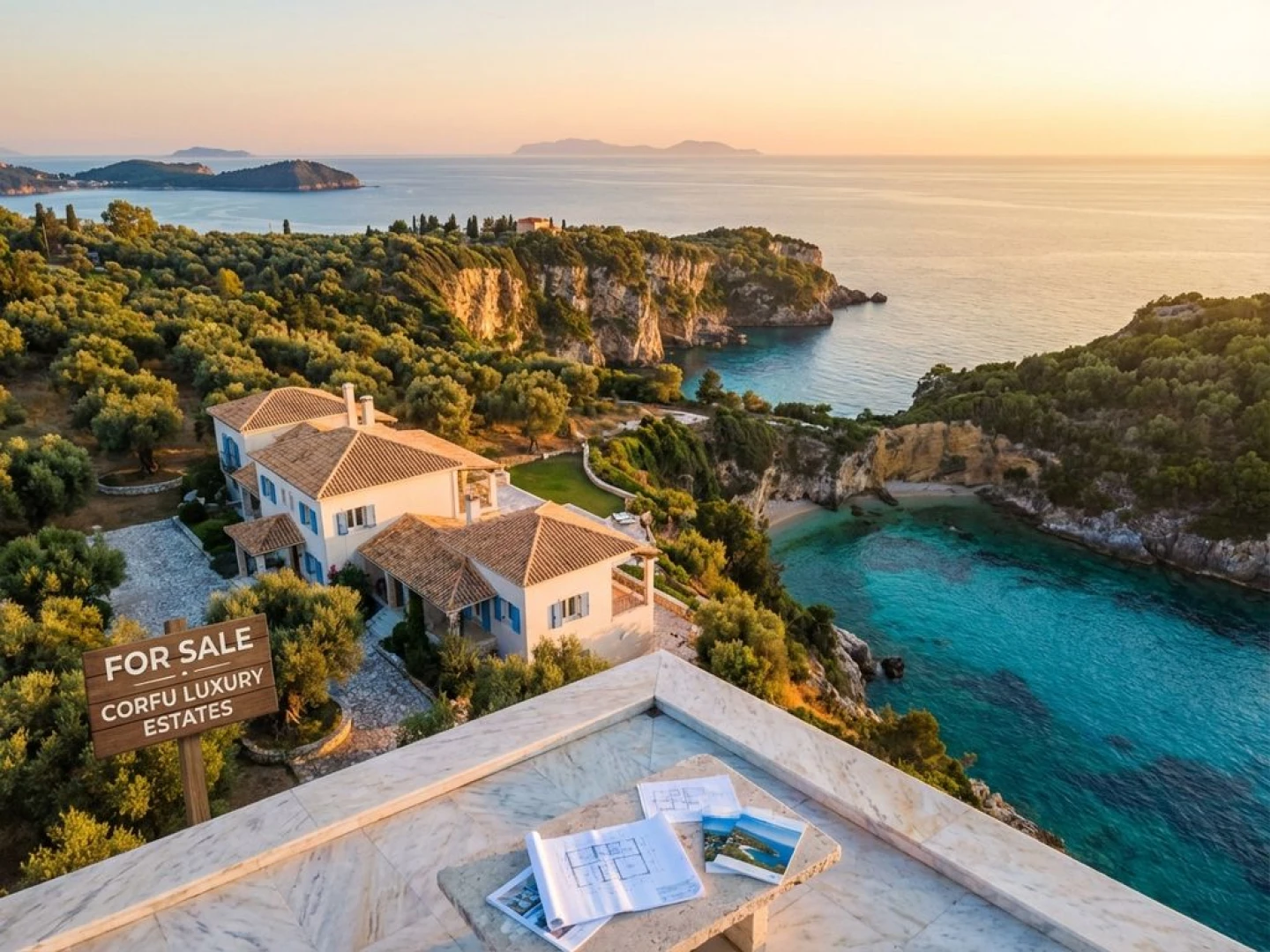 Luxury Mediterranean villa with terracotta roof overlooking turquoise Corfu coastline, olive groves, and Ionian Sea at sunset