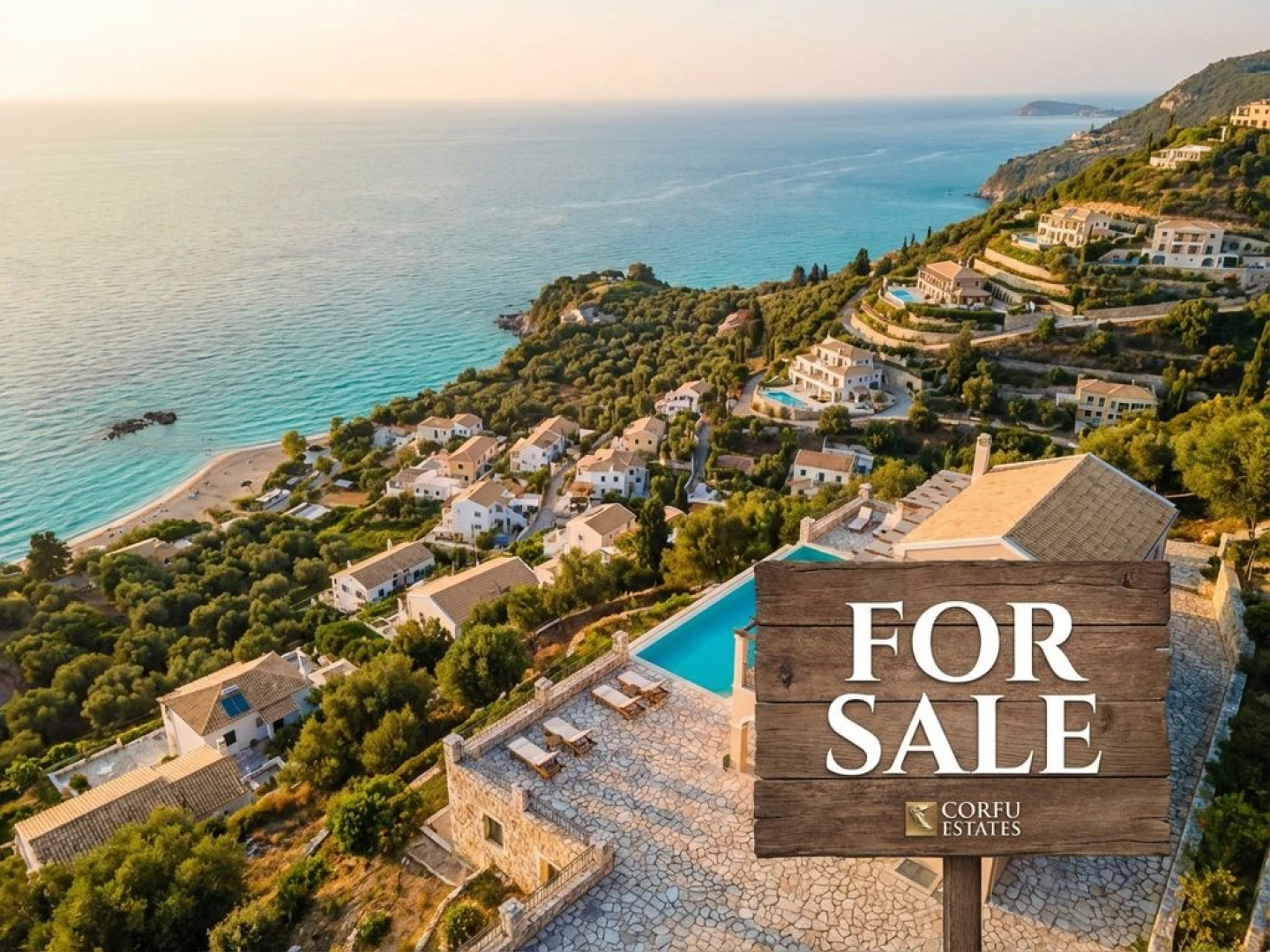 Aerial view of Corfu coastline with hillside villas, traditional villages, olive groves, and For Sale sign on property terrace