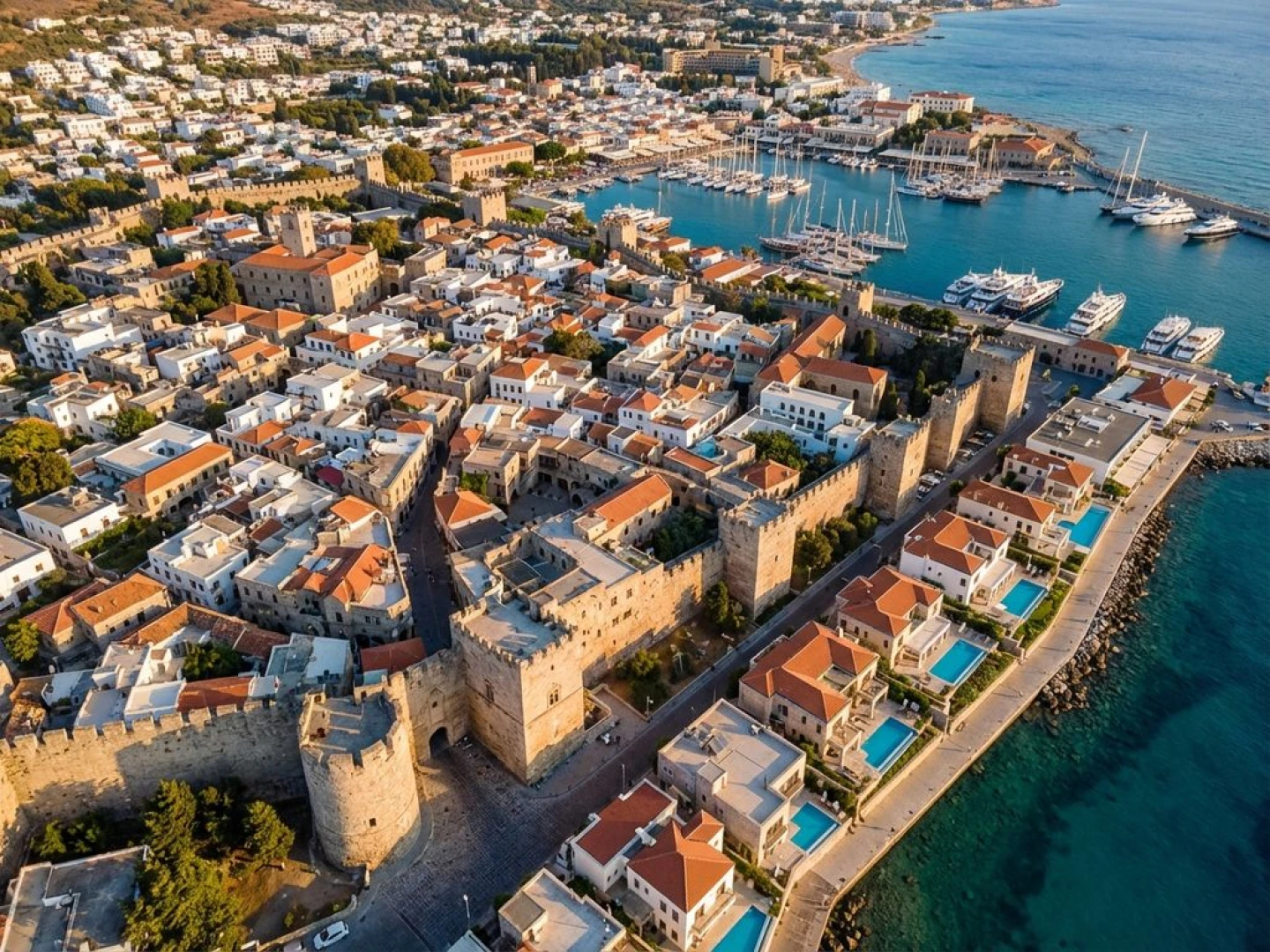 Aerial view of Rhodes medieval Old Town with whitewashed buildings, ancient fortifications, and turquoise Mediterranean coastline