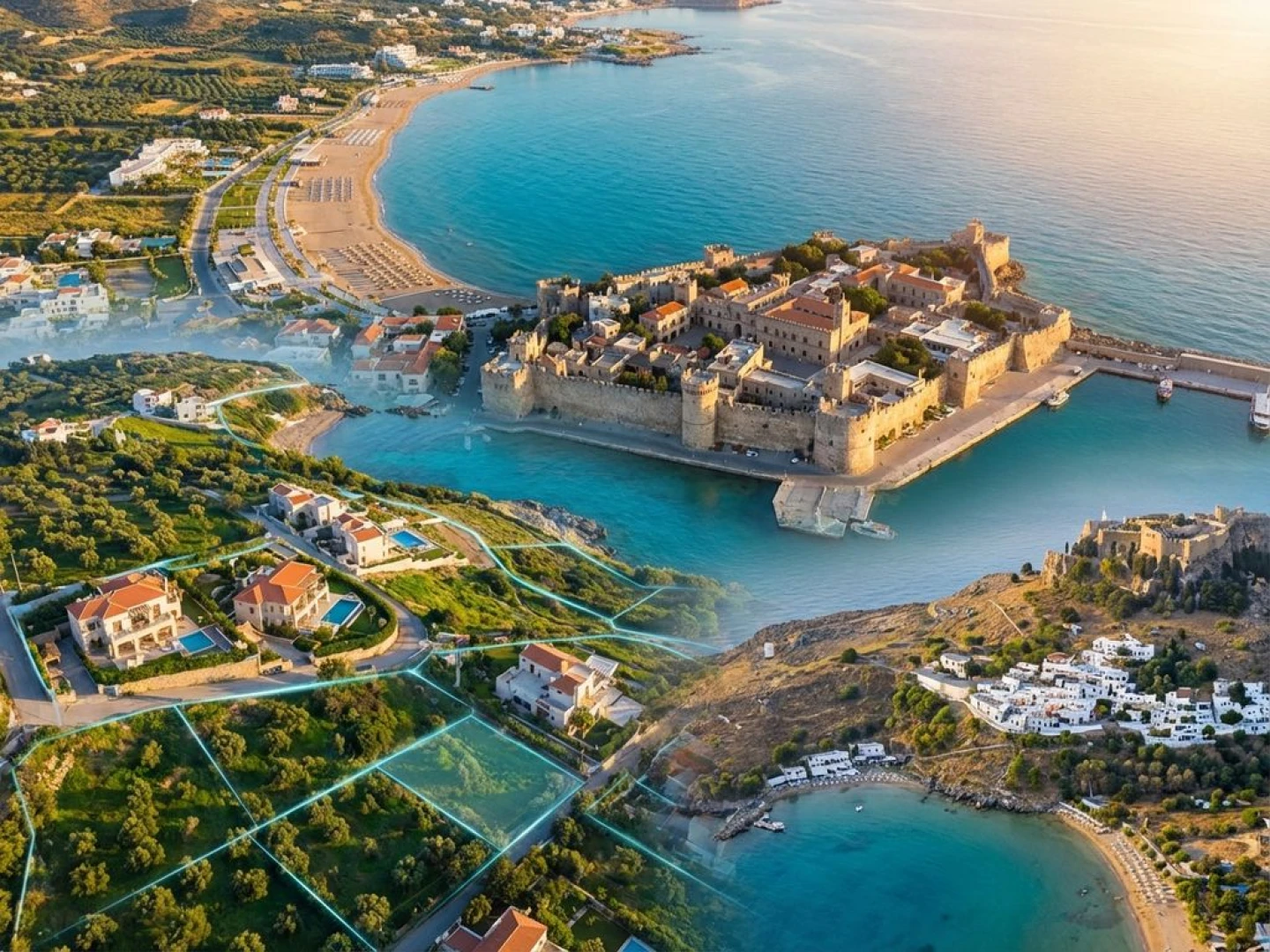 Aerial view of Rhodes coastline showing medieval Old Town, Faliraki beach, Lindos village, and luxury villas along turquoise waters
