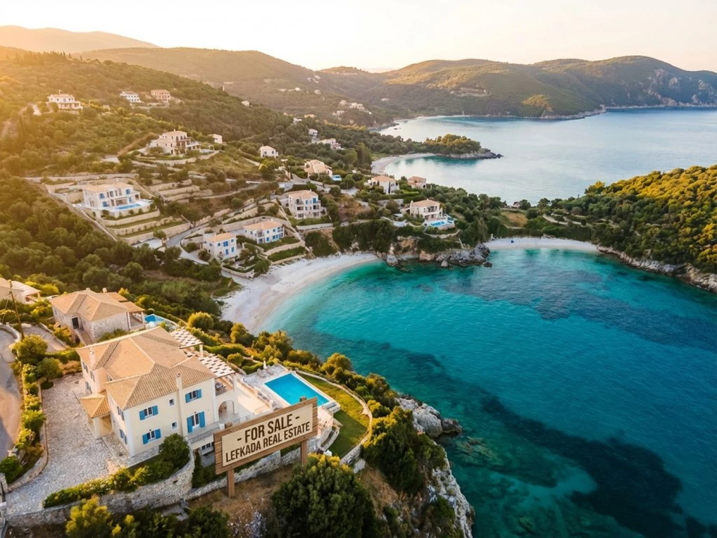 Aerial view of Lefkada's turquoise coastline with white sand beaches, whitewashed villas, and luxury property for sale