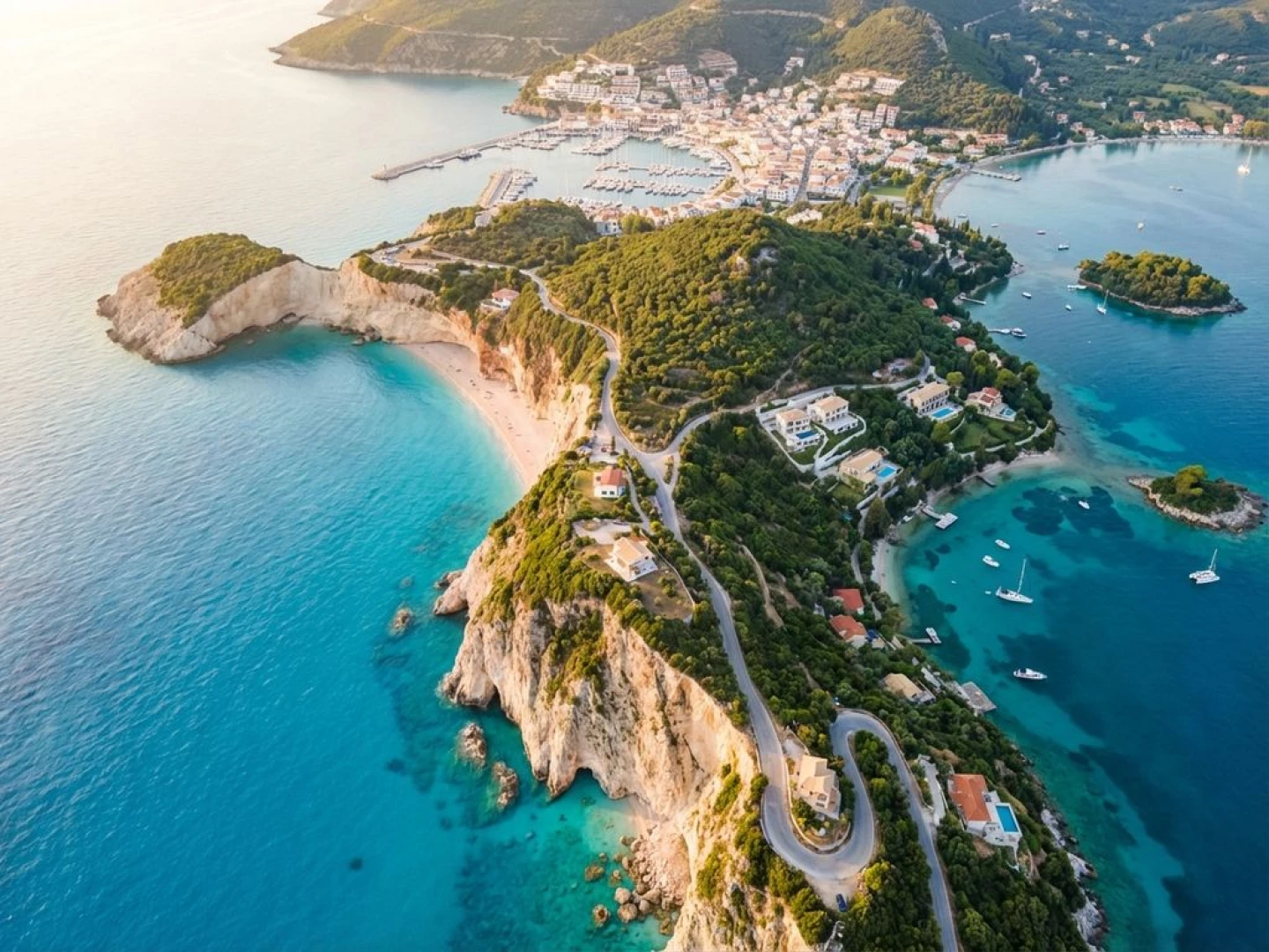 Aerial view of Lefkada coastline showing Porto Katsiki beach, Lefkada Town marina, Nydri hills, and waterfront properties