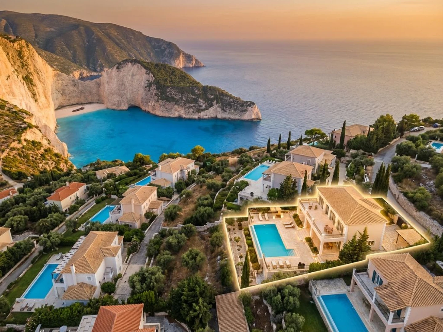 Aerial view of Navagio Beach Zakynthos with white cliffs, turquoise waters, and Mediterranean villas on hillside
