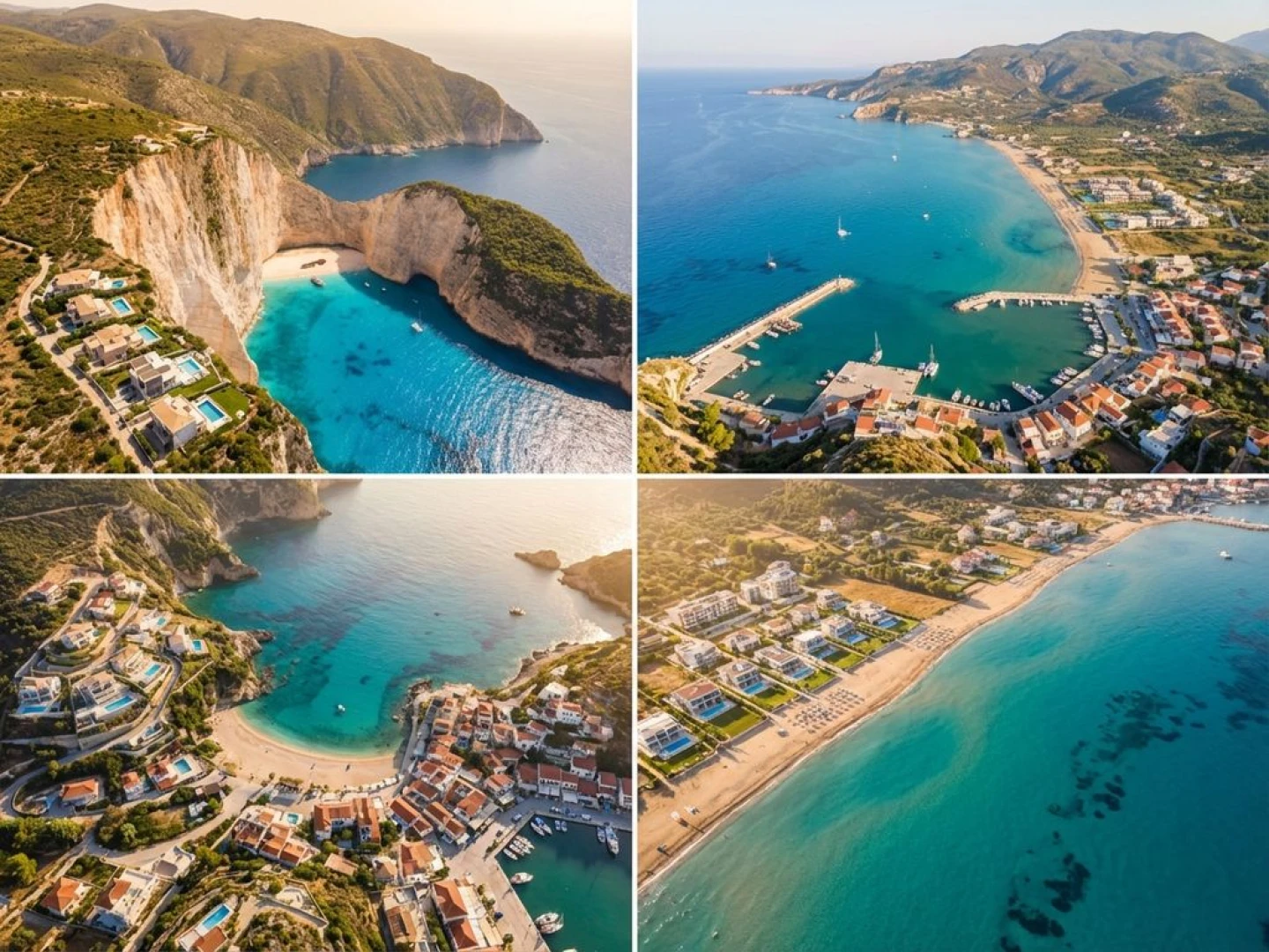 Aerial view of Zakynthos coastline with turquoise waters, limestone cliffs, beaches, and hillside villas in Greece