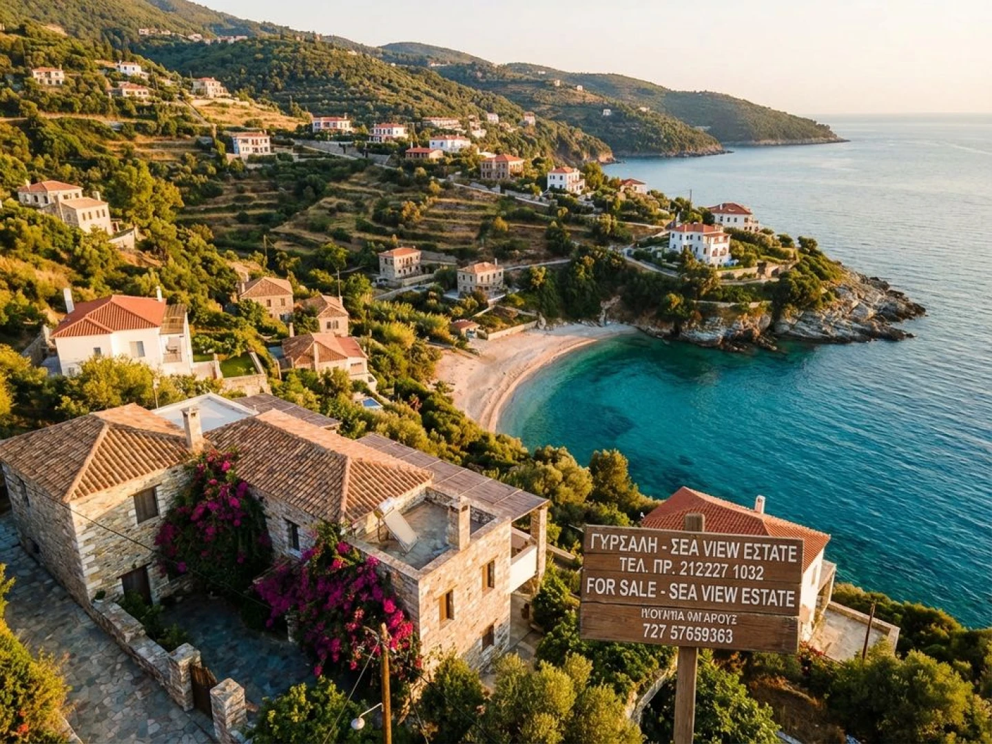 Aerial view of Pelion coastline with traditional Greek stone houses, terracotta roofs, and For Sale sign by villa with sea views.