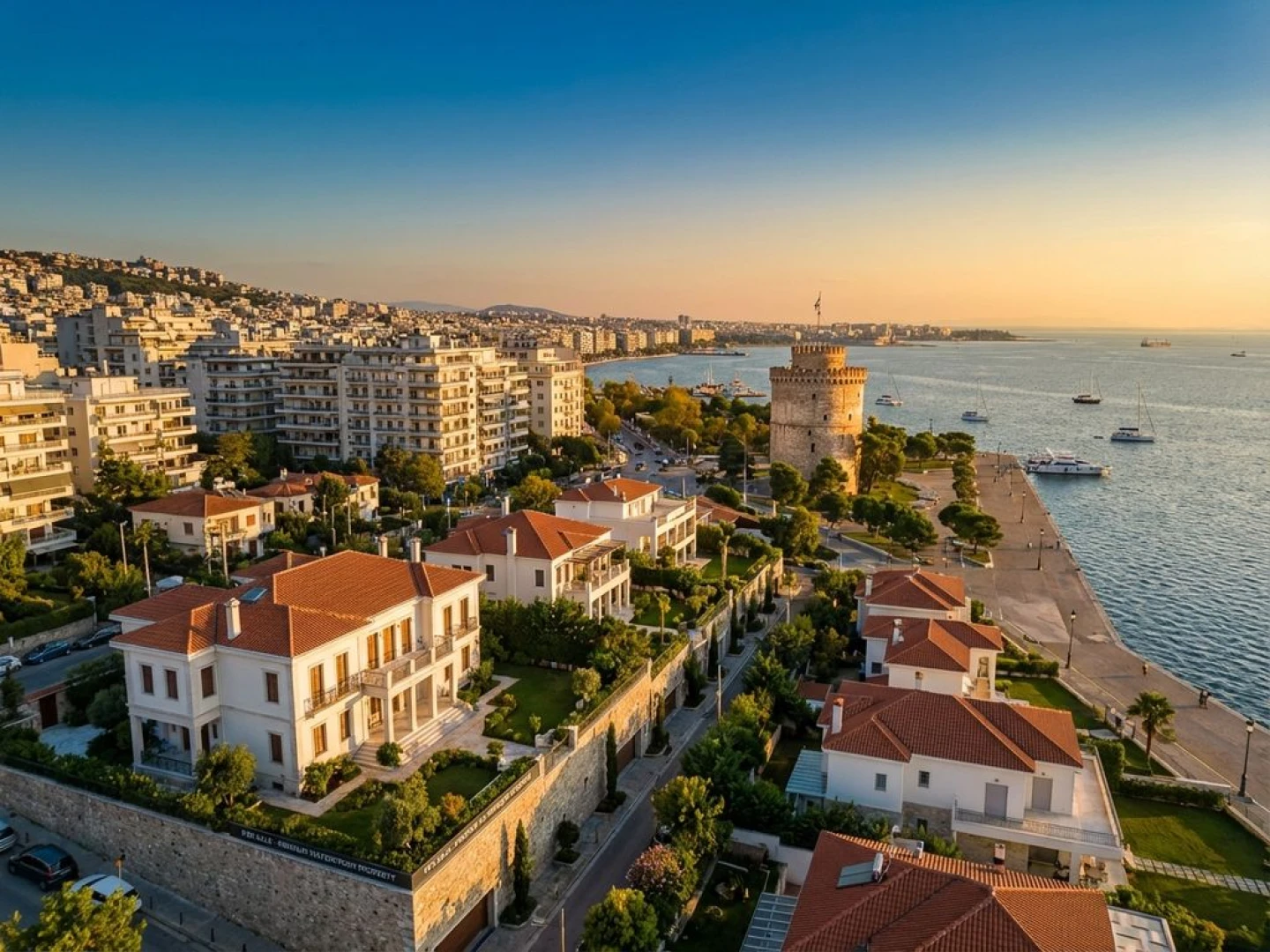 Aerial view of Thessaloniki's White Tower and waterfront at golden hour with Mediterranean homes and for sale property sign