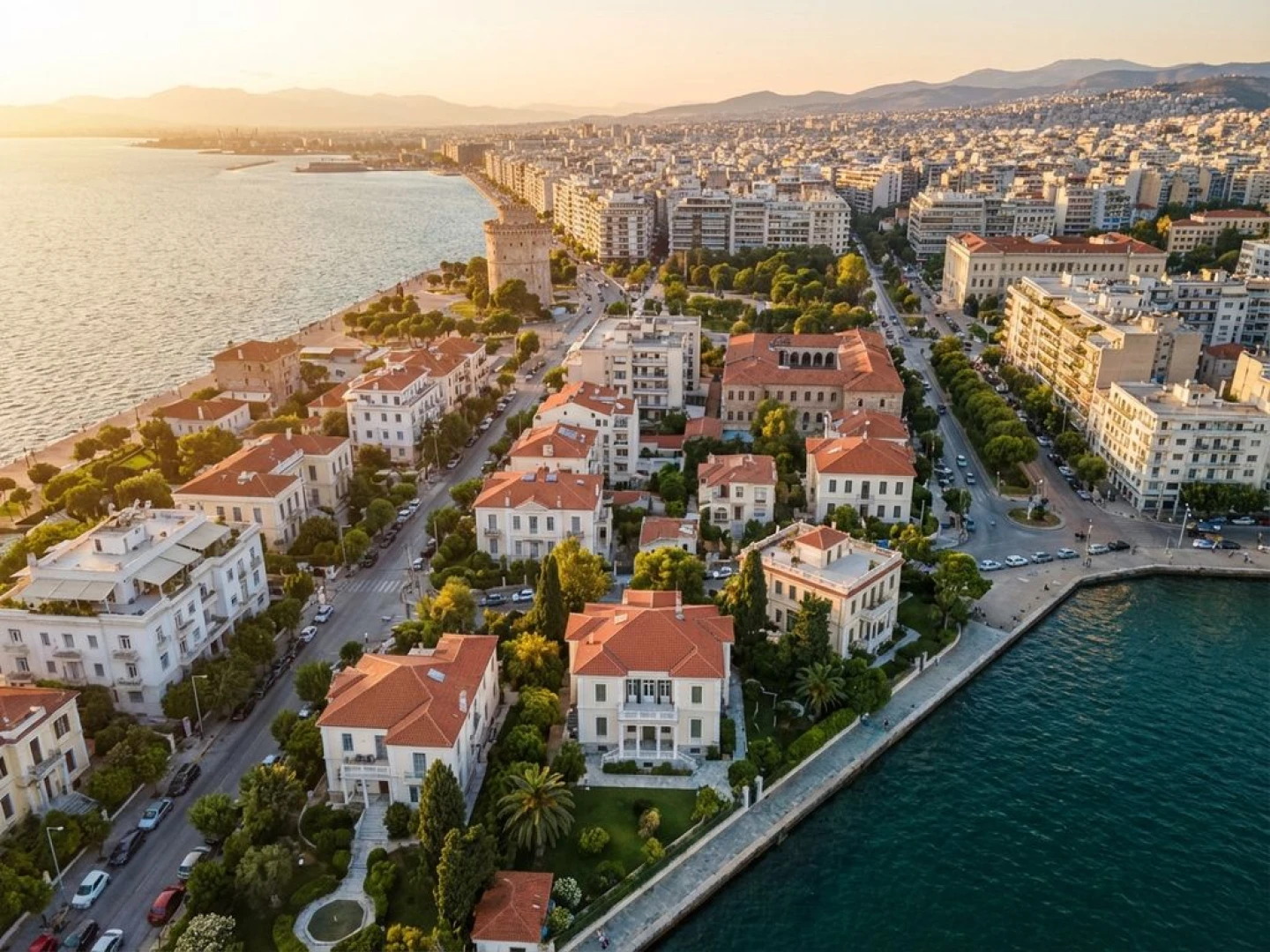 Aerial view of Thessaloniki waterfront with White Tower, Mediterranean homes, and Thermaic Gulf at golden hour