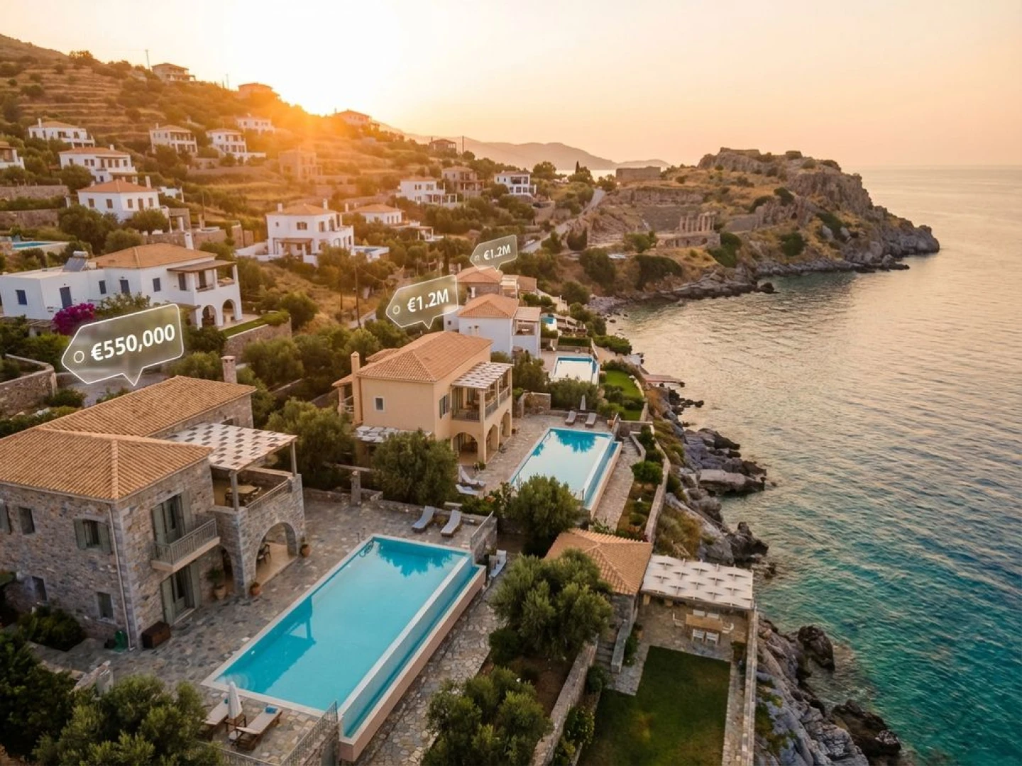 Aerial view of Peloponnese coastline with white Greek houses, turquoise waters, and luxury villas for real estate investment