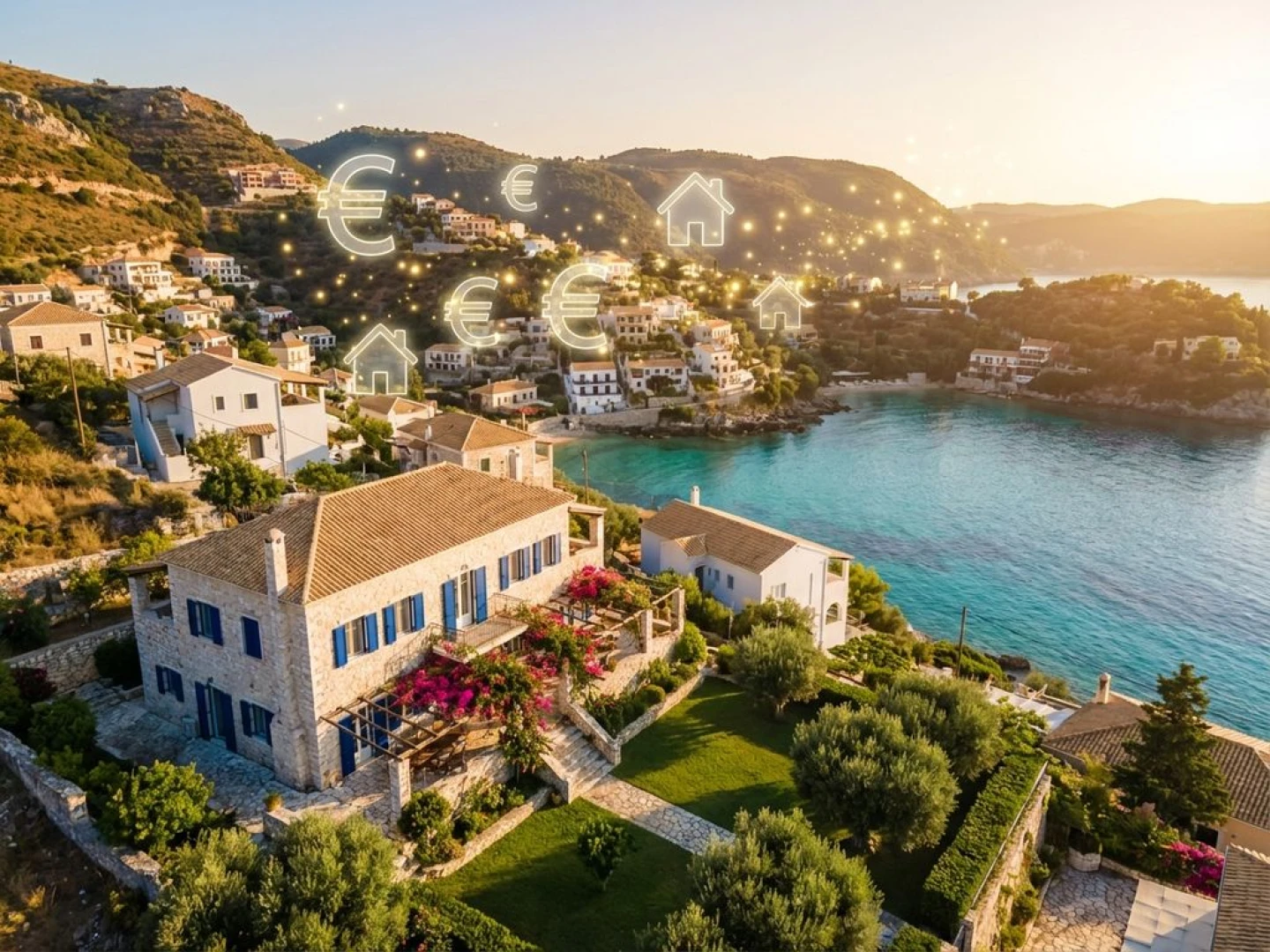 Aerial view of white Greek houses with terracotta roofs cascading toward turquoise Mediterranean waters in Corfu
