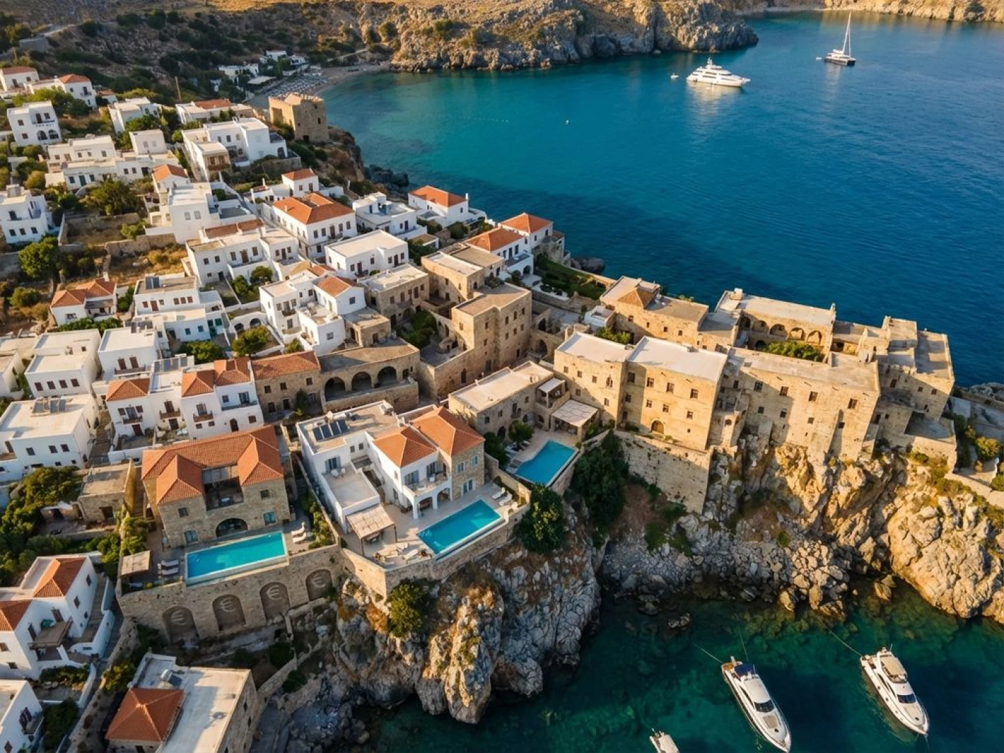 Aerial view of white-washed Greek houses cascading down hillsides to turquoise Mediterranean Sea in Rhodes