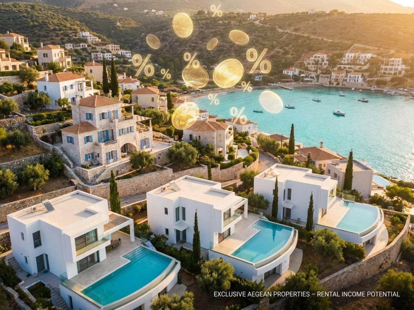 Aerial view of whitewashed Greek villas with pools overlooking turquoise Aegean Sea waters in Crete, Greece