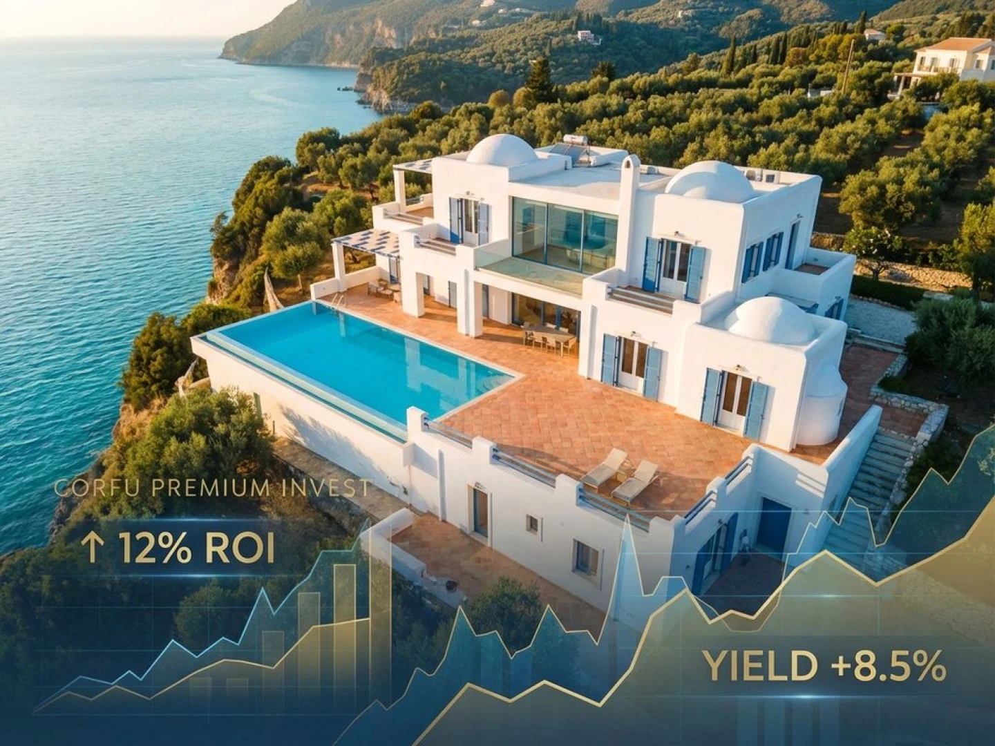 Luxury white villa with blue shutters on Corfu coastline overlooking turquoise waters with financial overlay graphics