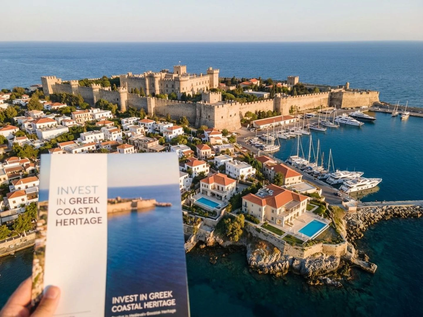 Aerial view of Rhodes medieval Old Town with fortress walls, white villas, terracotta roofs, and sailboats in Mediterranean harbor