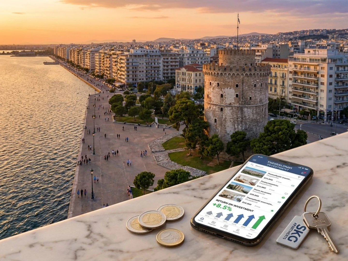 Smartphone displaying Airbnb property listings with Thessaloniki's White Tower and waterfront at golden hour in background