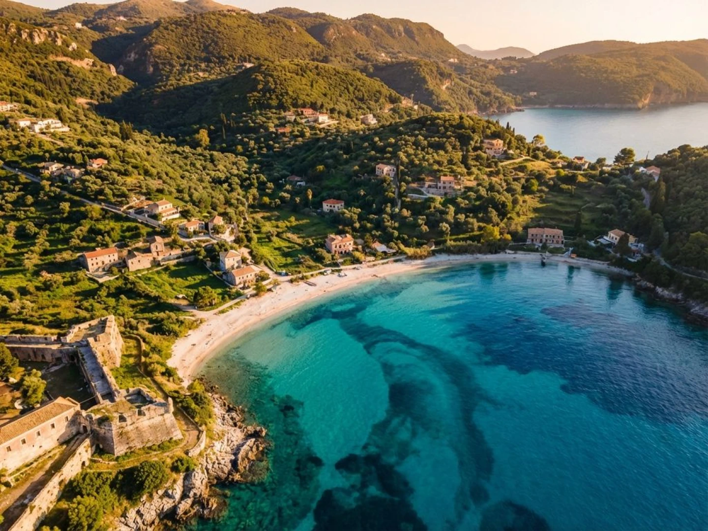 Aerial view of Corfu's coastline with emerald hills, turquoise waters, Venetian fortress walls, and white sand beach