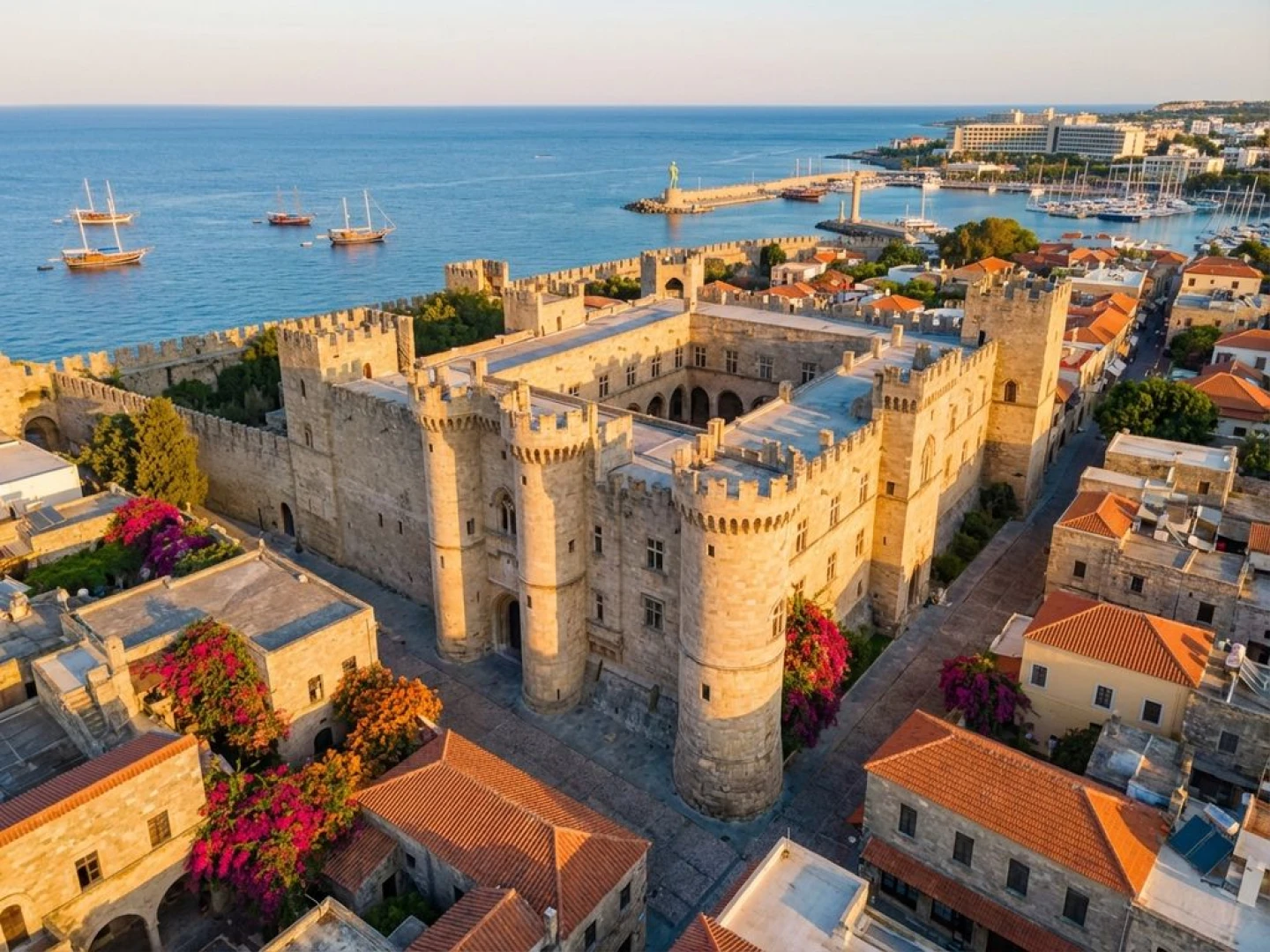 Aerial view of Rhodes medieval Old Town with Palace of the Grand Masters, ancient stone walls, and Mediterranean Sea beyond