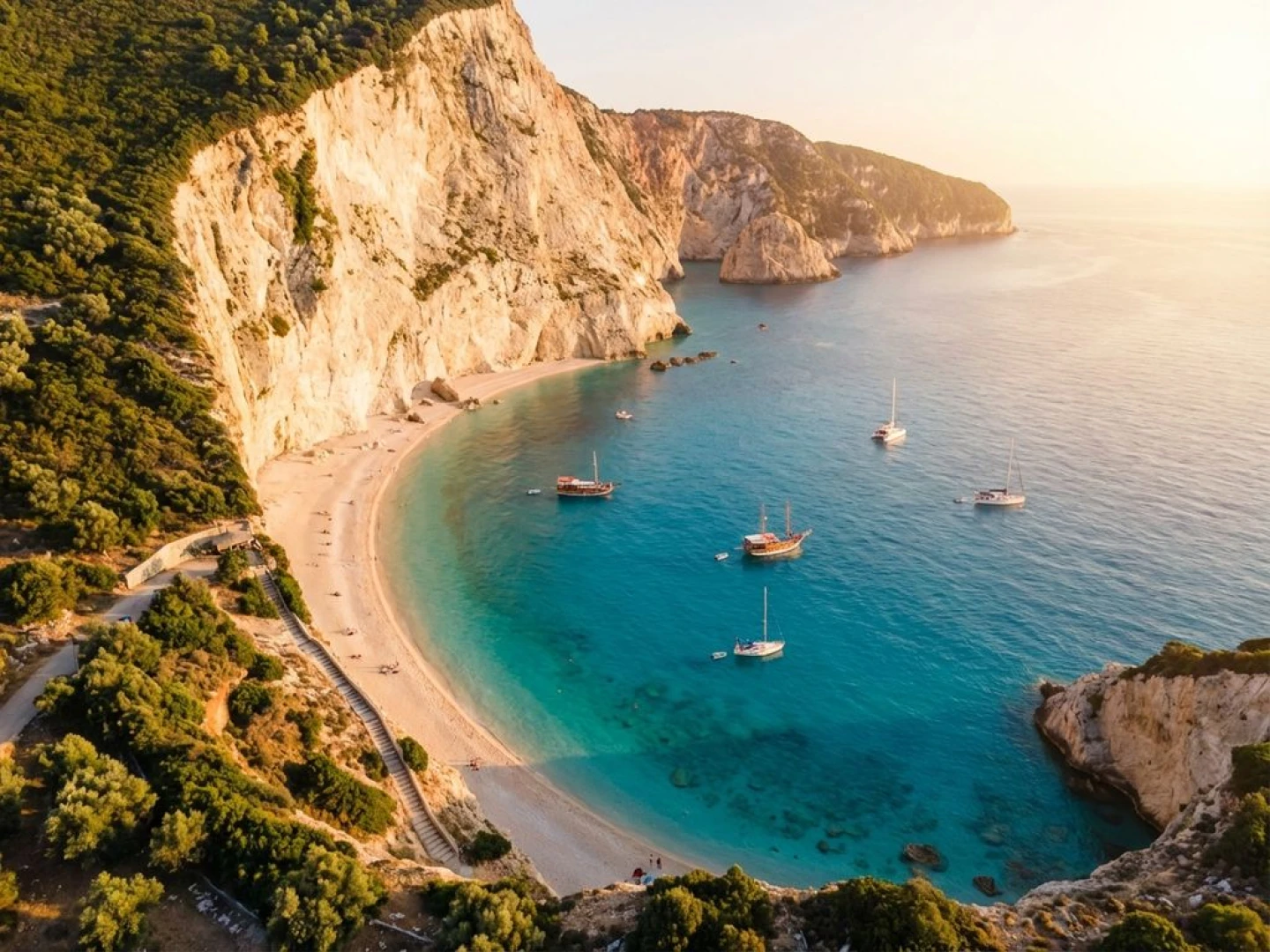 Aerial view of Porto Katsiki beach in Lefkada showing white cliffs, turquoise waters, and sandy shoreline with boats