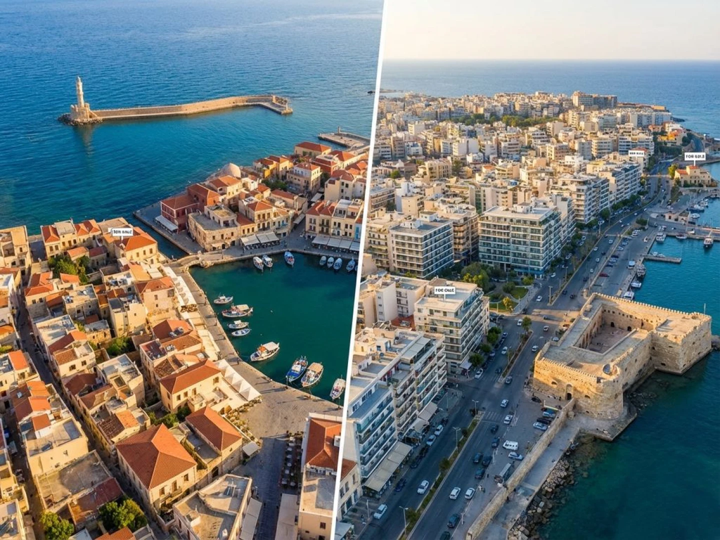 Aerial split-screen view of Crete comparing Chania's Venetian harbor with lighthouse to Heraklion's modern cityscape and Koules fortress, both cities showing real estate for sale signs along Mediterranean coastline.