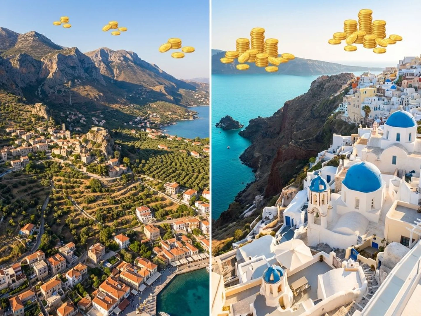 Aerial split-screen view of Greece real estate: mountainous Peloponnese with stone villages on left, white clifftop island buildings on right, with floating golden coins showing price comparison.