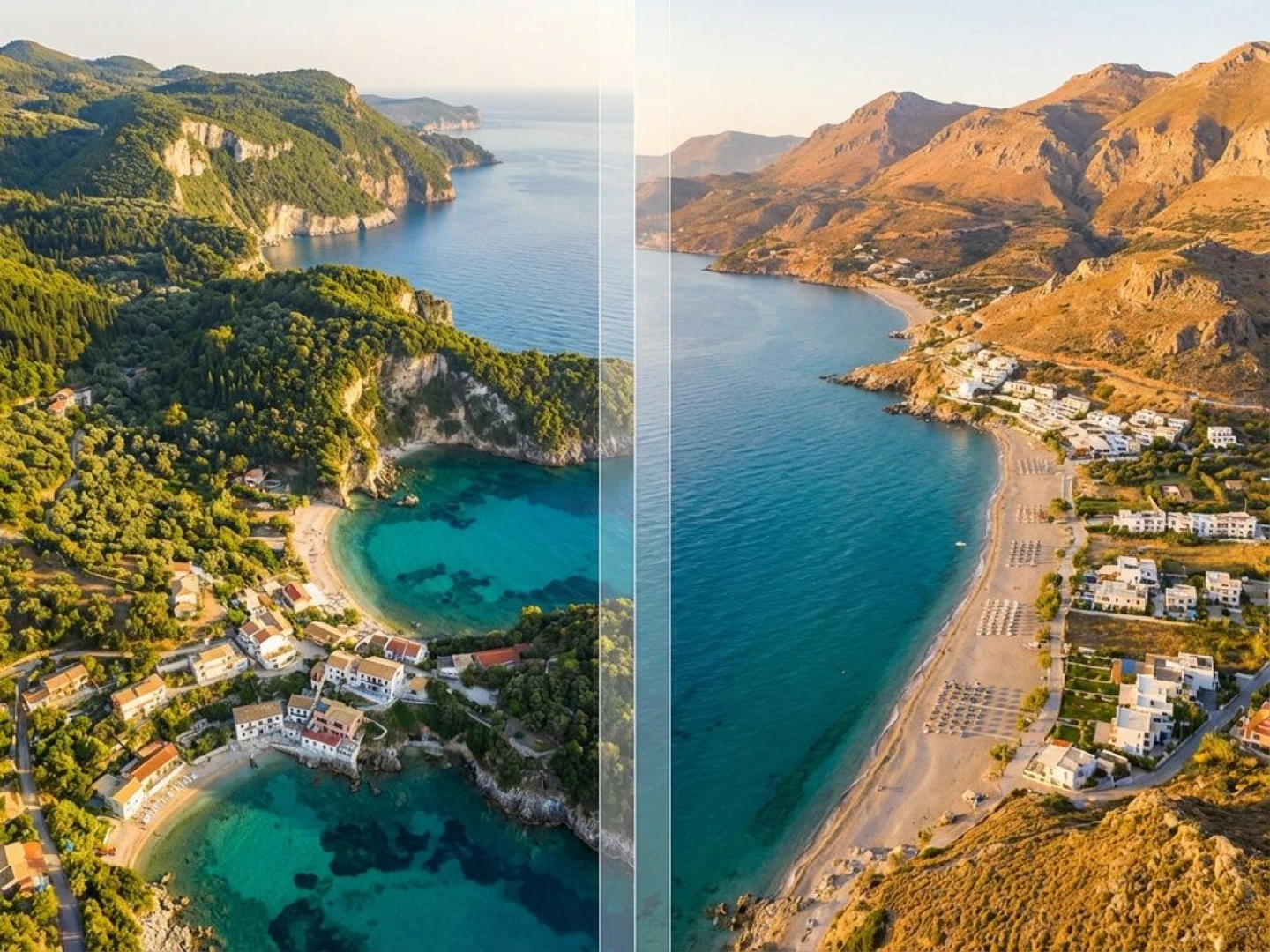 Split-screen aerial view comparing Corfu's lush cliffs and turquoise waters with Crete's golden beaches and mountains