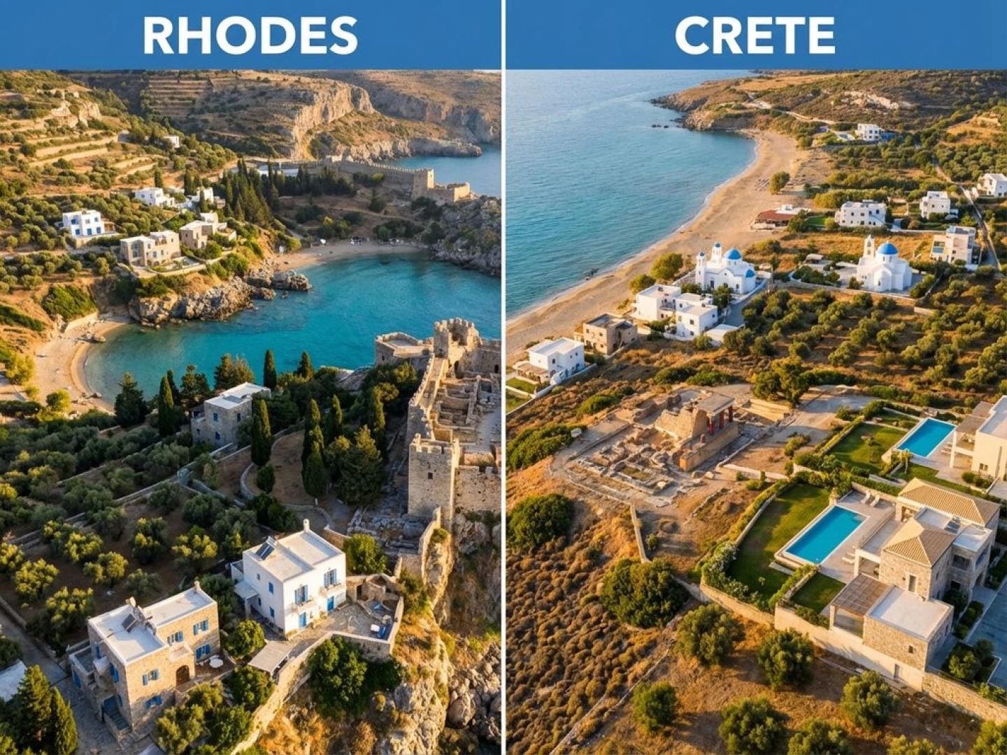 Aerial view of Rhodes and Crete coastlines with turquoise waters, golden beaches, and traditional Greek villas